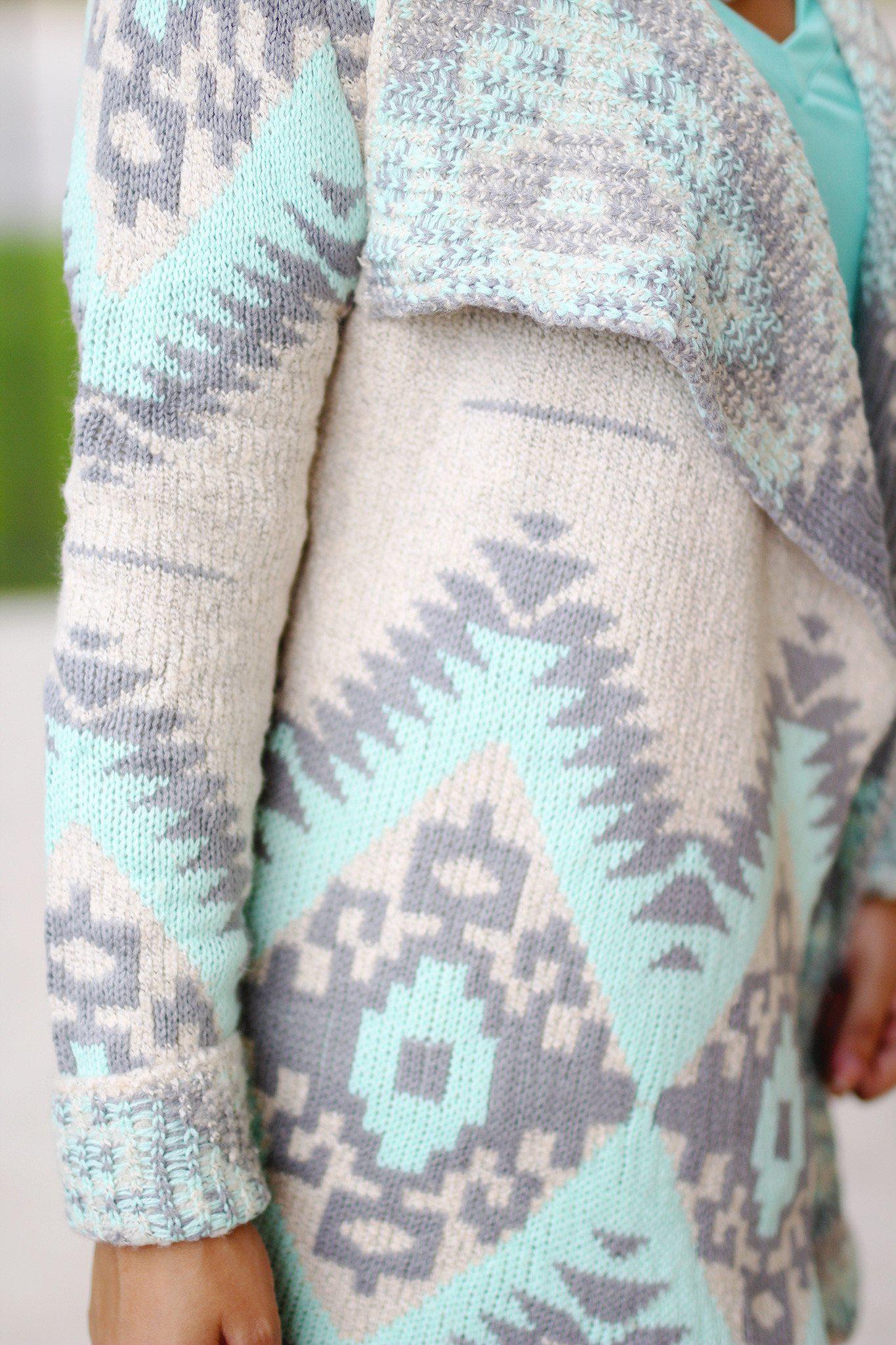 Stylish Mint and Gray Aztec Patterned Women's Cardigan for Fall and Winter