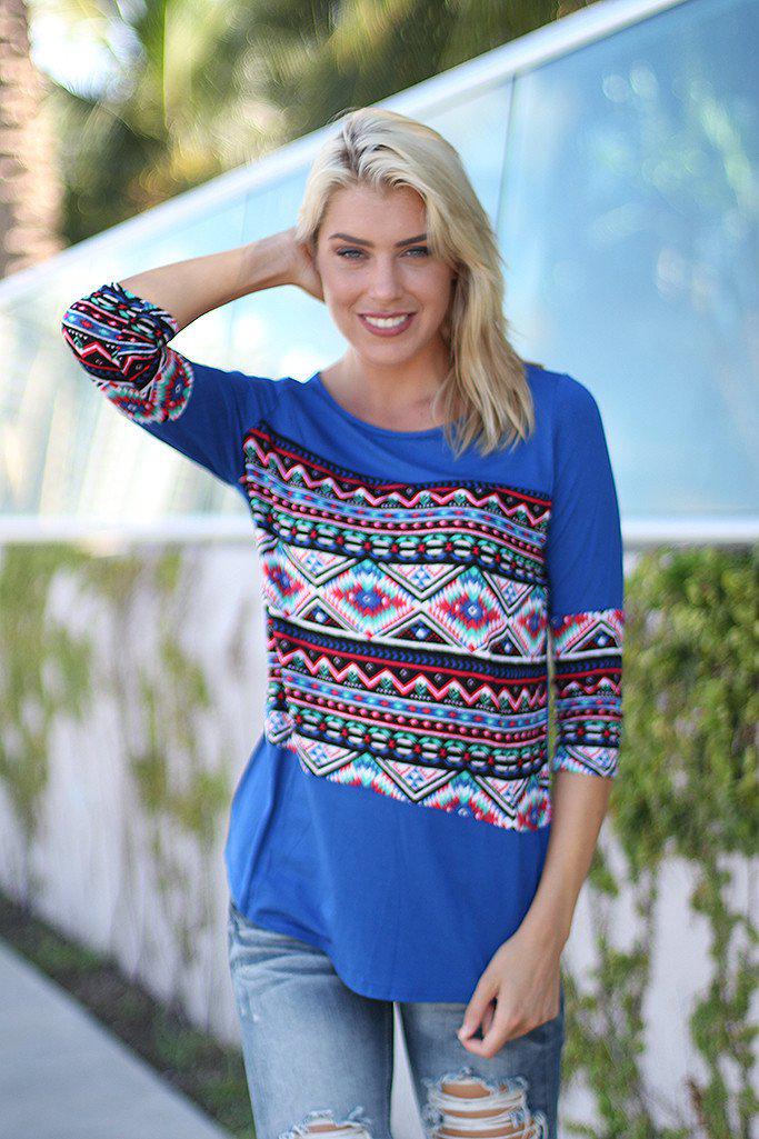 Stylish All - Year Round Lightweight Aztec Blue Printed Top