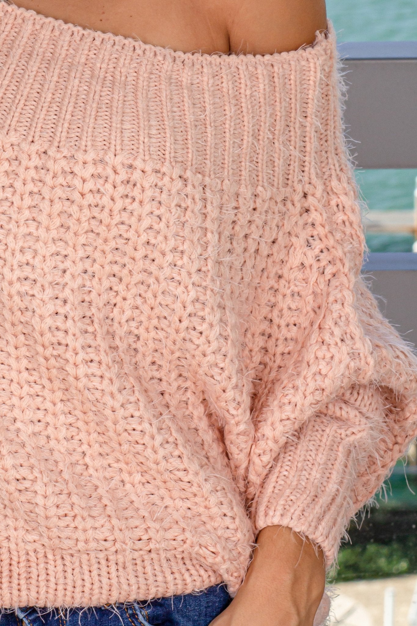 Soft Blush-Colored Off-the-Shoulder Knit Sweater for Women