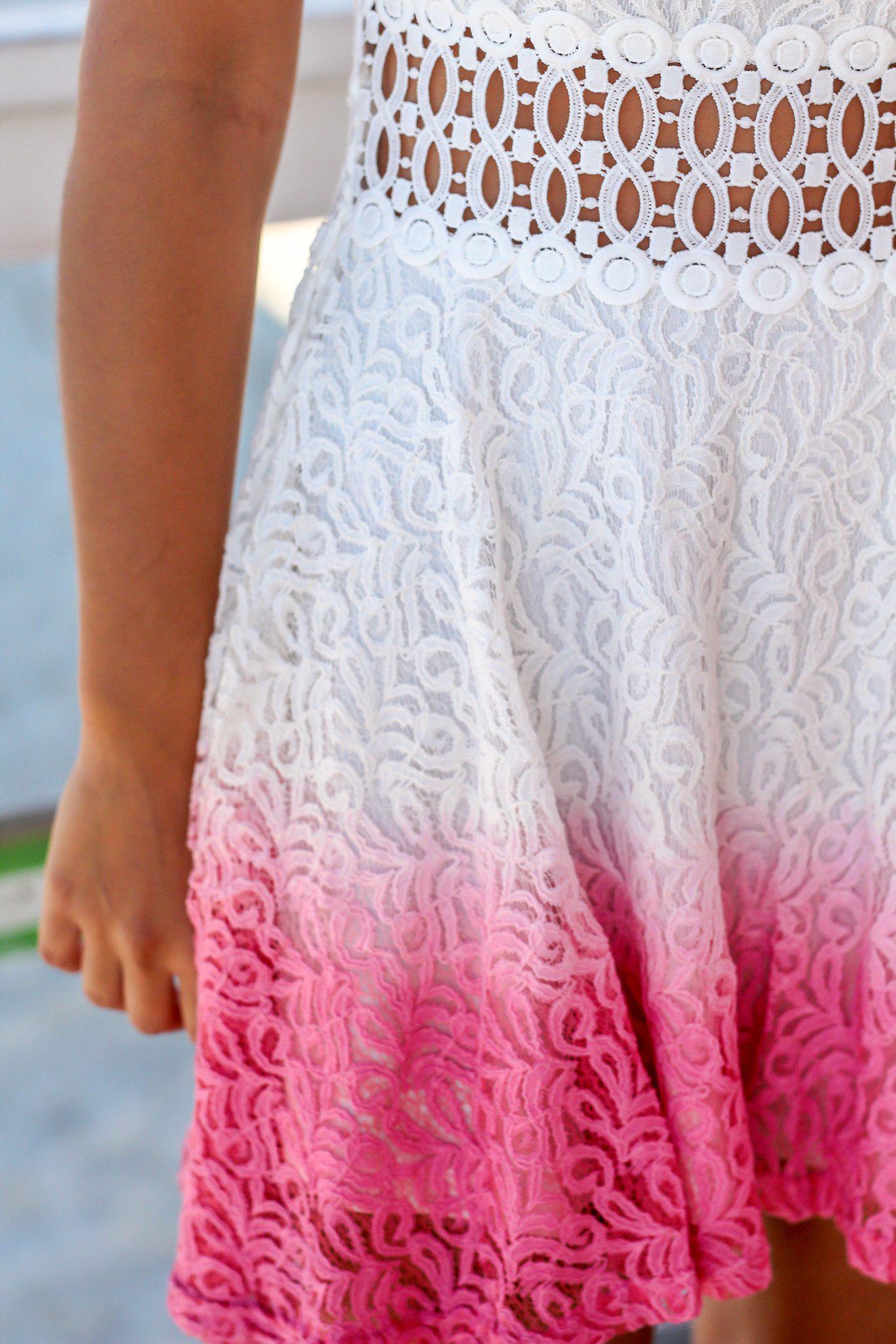 Summer Ivory and Rose Dip-Dyed Short Women's Dress with All-Over Lace Detailing