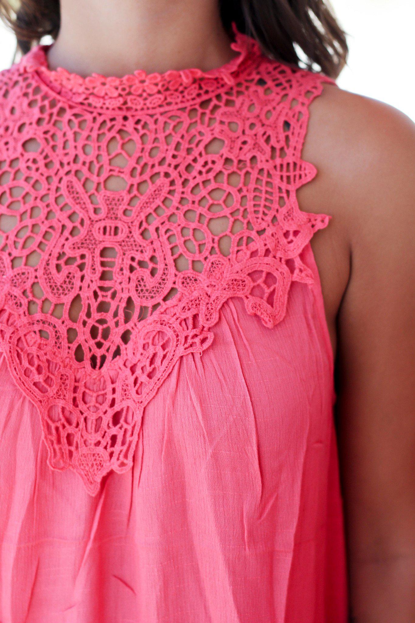Stunning Coral Rayon Crochet Sleeveless Top with Neck Buttons