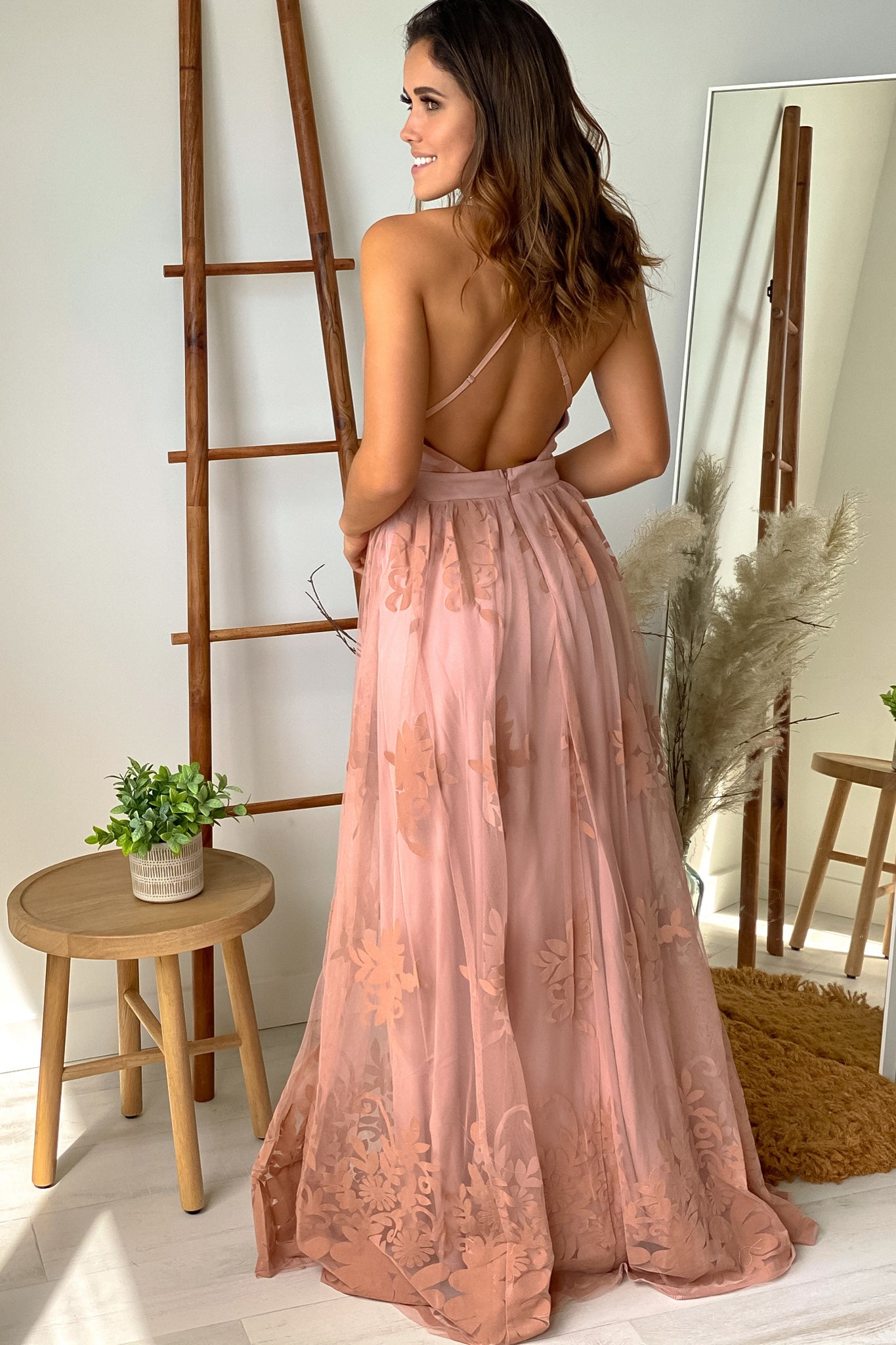 Elegant Blush-Colored Floral-Printed Tulle Women's Maxi Dress with Criss Cross Back Design