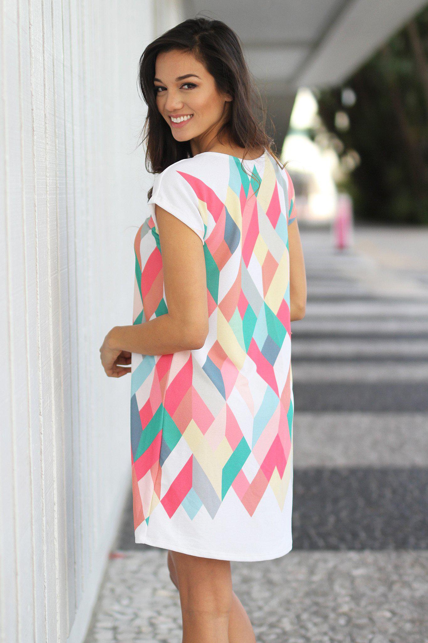 Stylish Coral Geometric Women's Short Dress for Fashionable Outfits