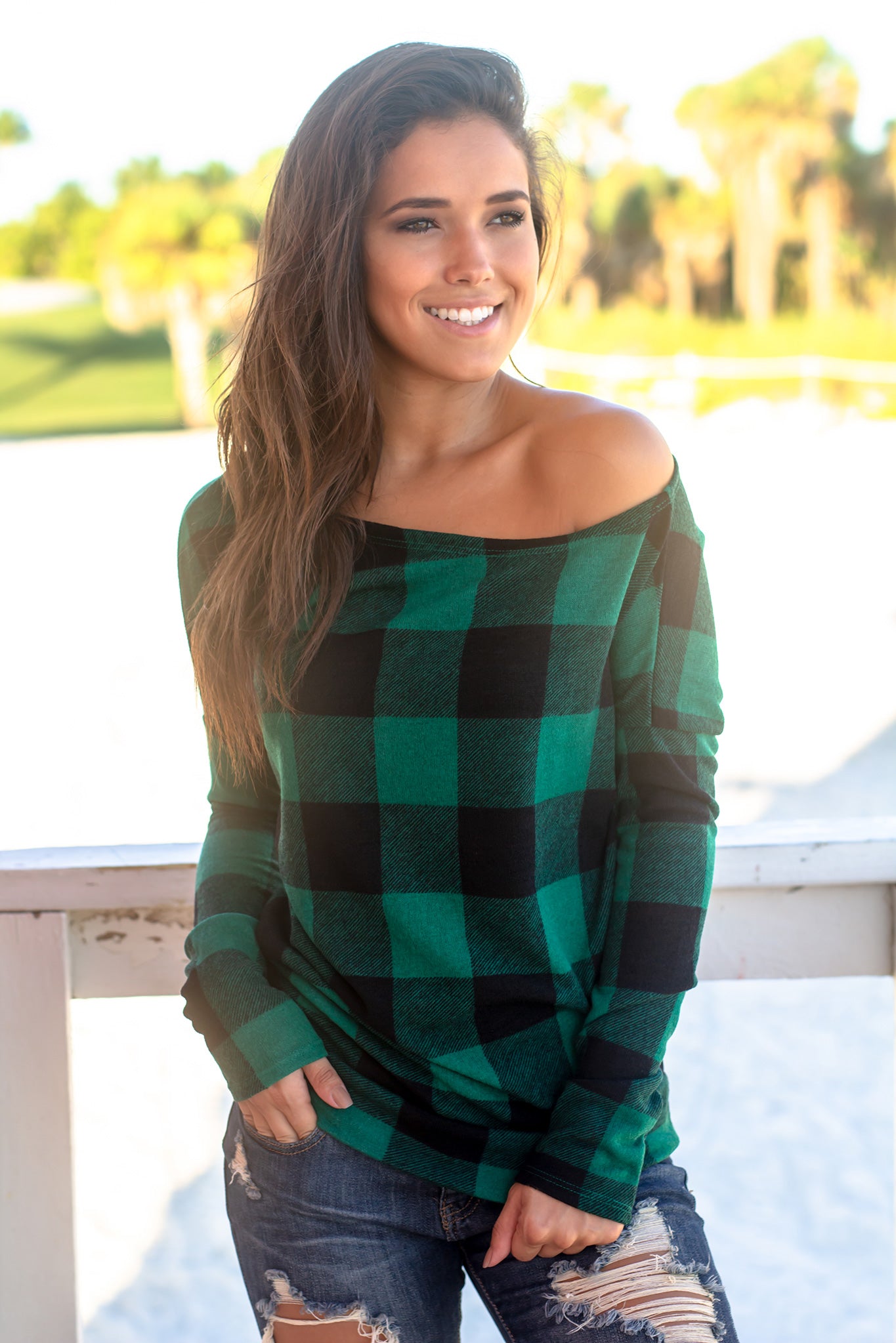 Stylish Hunter Green and Black Plaid One-Shoulder Asymmetrical Top