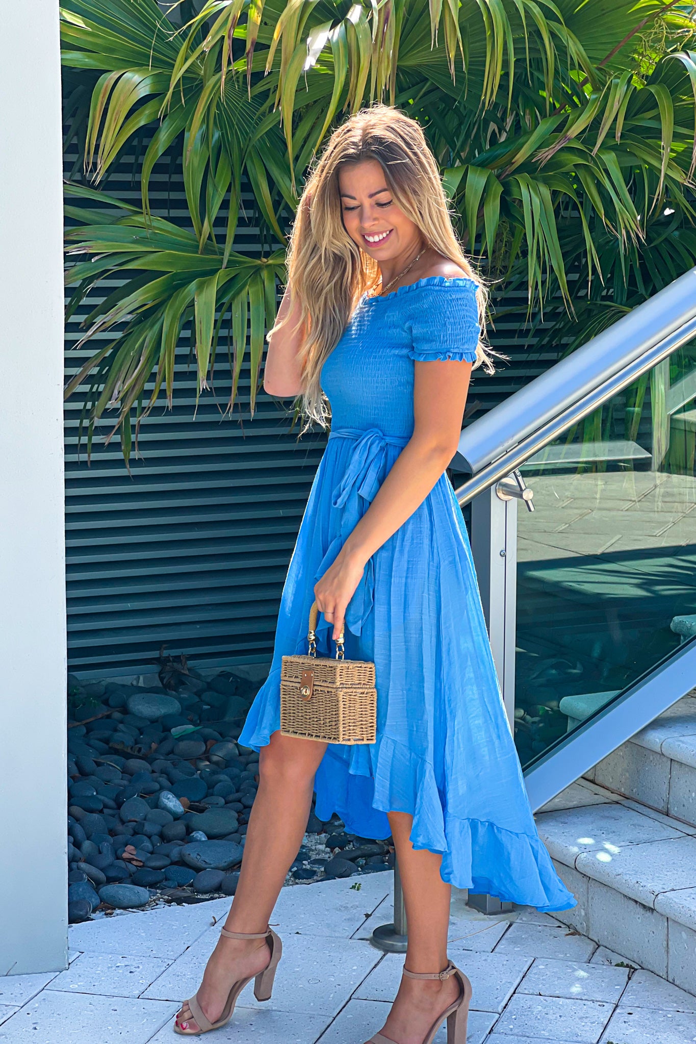 Stylish Summer Blue Off-Shoulder High-Low Casual Dress