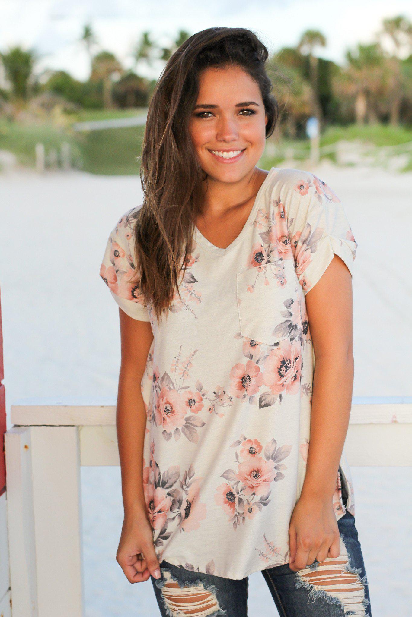 Cream Colored Floral Print Women's V-Neck Casual Top