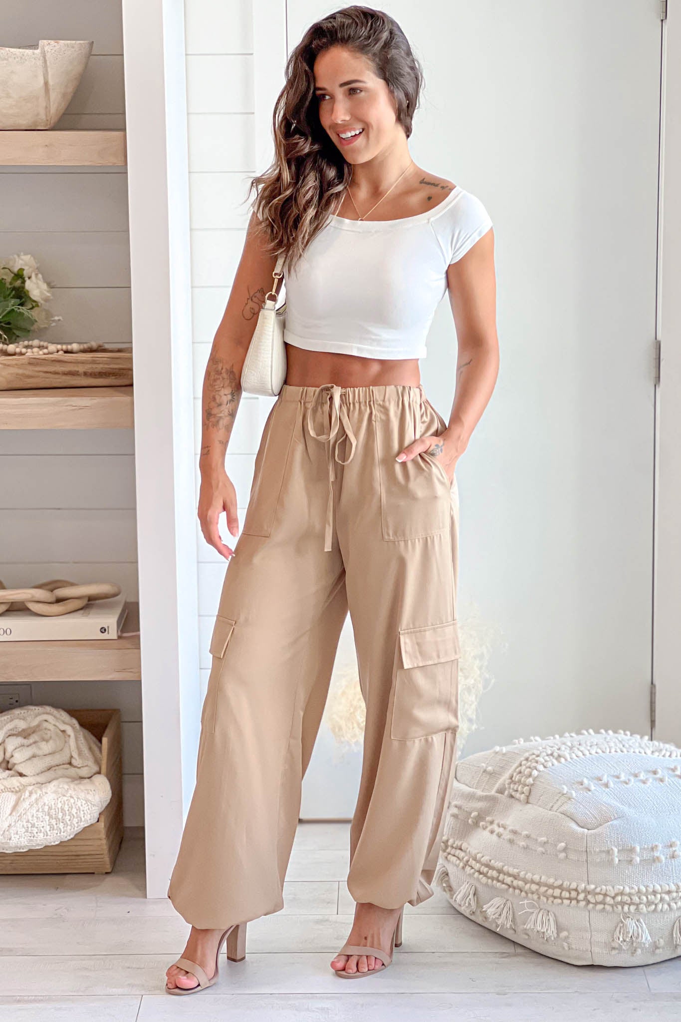 Stylish Coffee - Colored Polyester Cargo Parachute Pants