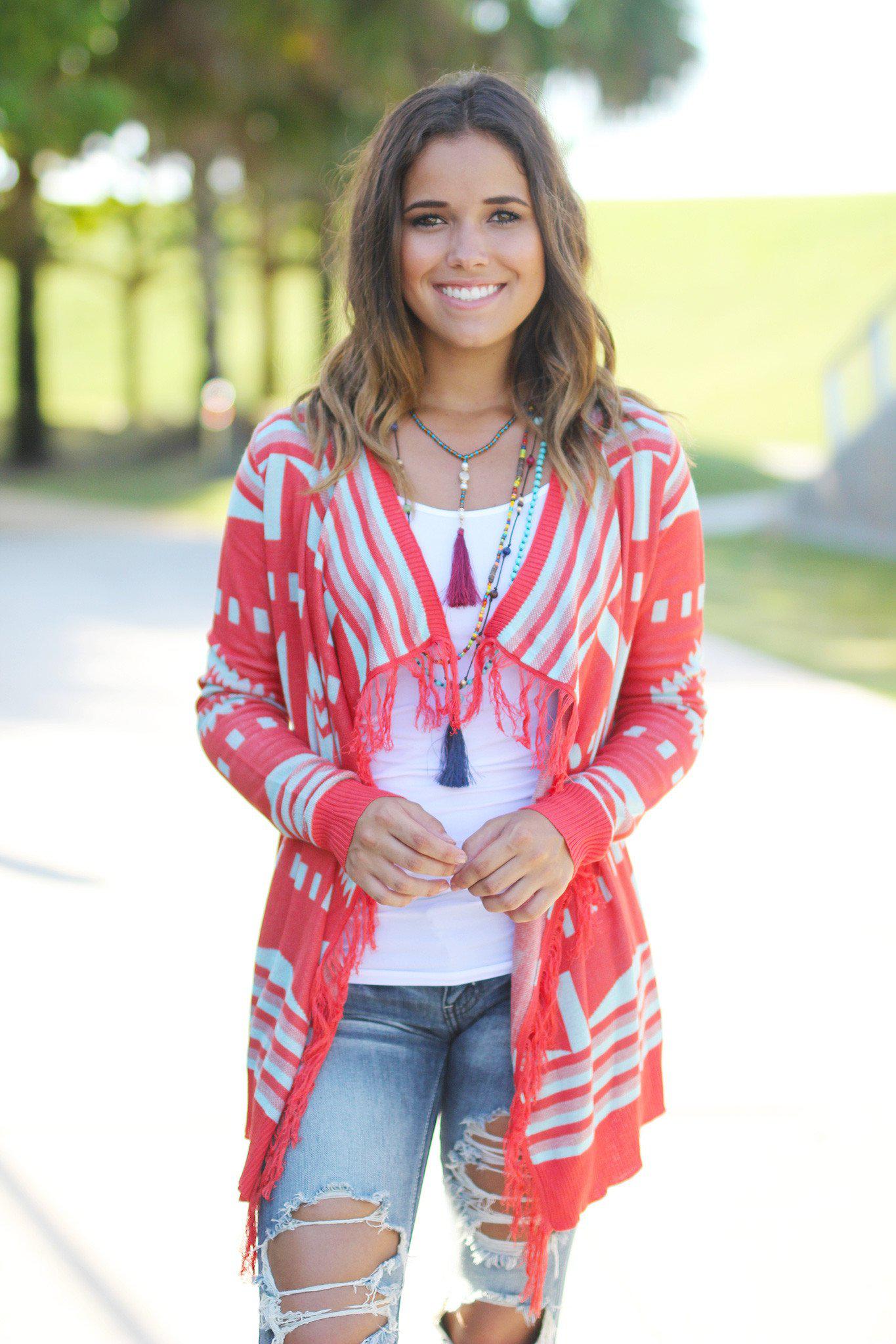Stylish Coral and Mint Colored Fringe Open Cardigan for Warmth
