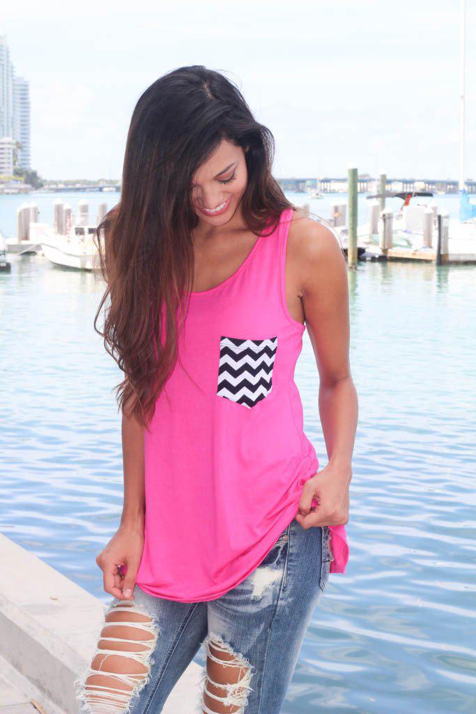 Stylish Hot Pink Women's Tunic Top Featuring a Chevron - Designed Pocket