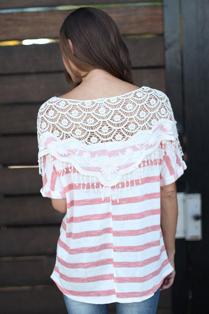 Stylish Coral Striped Women's Top with Delicate Lace Trim