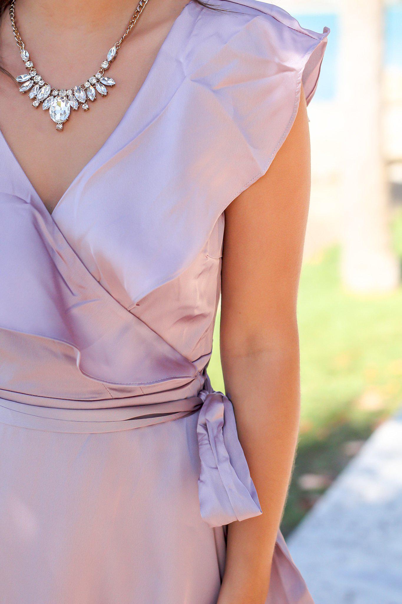 Gorgeous Mauve Wrap Dress with Elegant Ruffle Details
