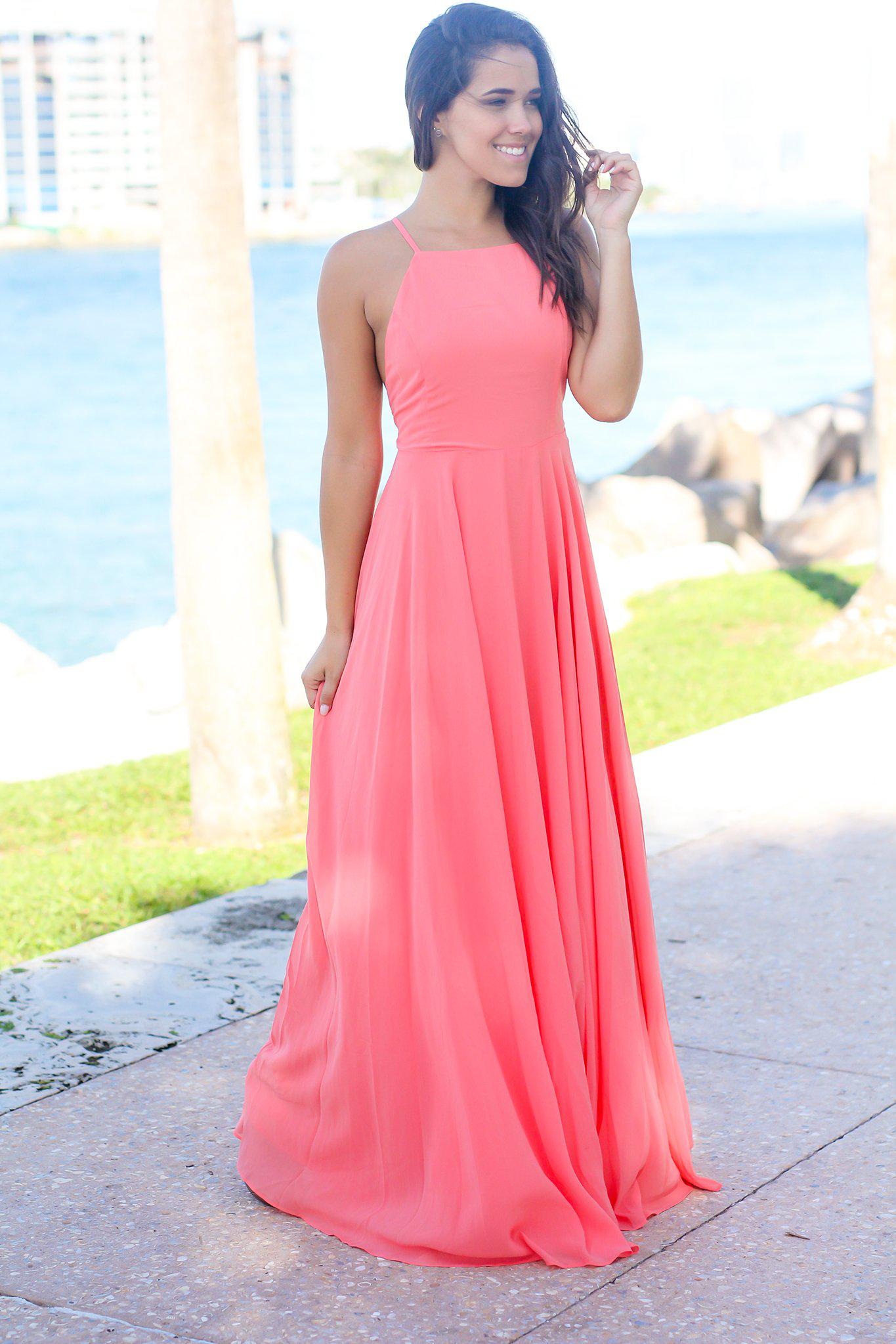 Stunning Coral Halter Maxi Dress with Criss Cross Back