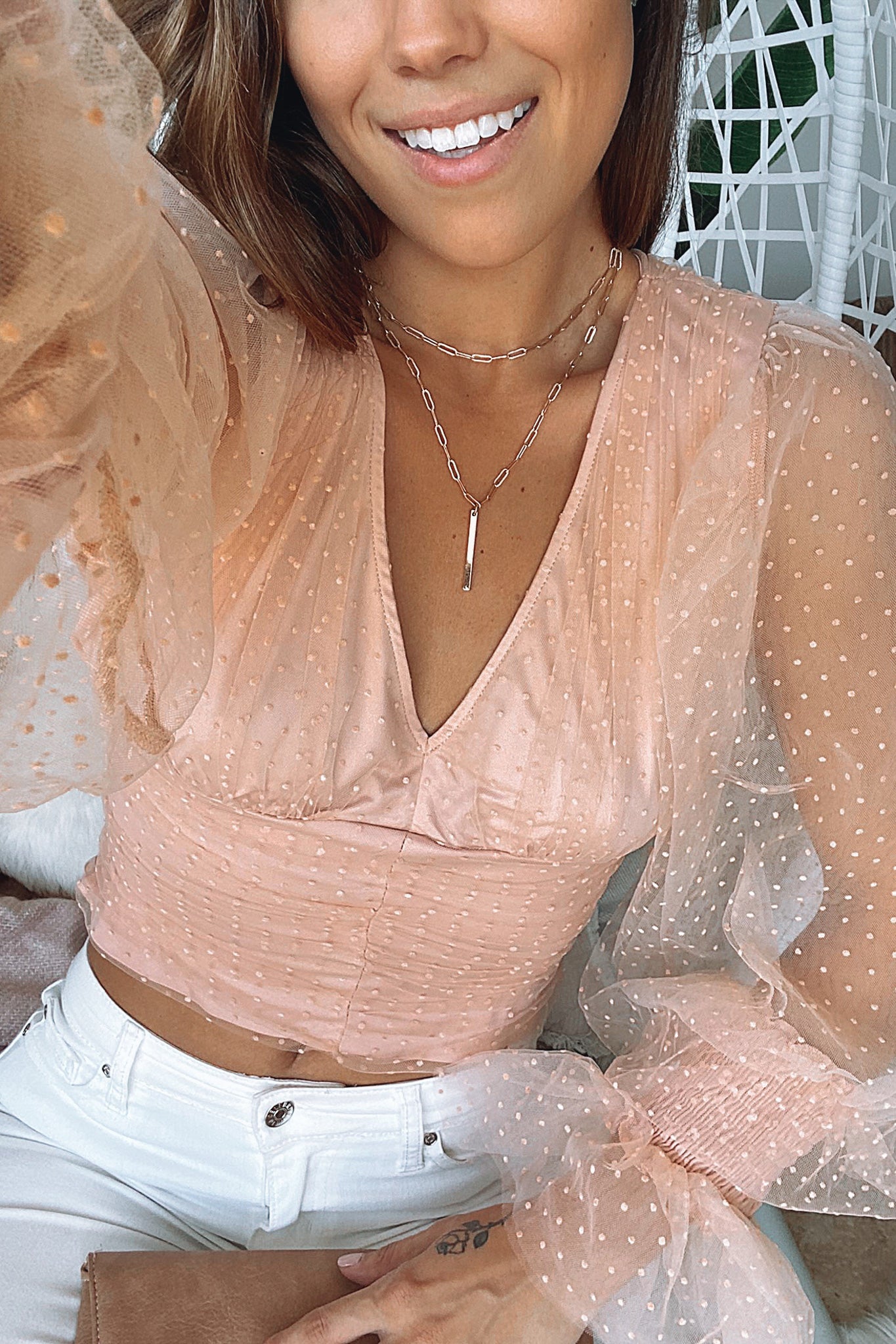Stylish Blush Women's Long Sleeve Top with Puffy and Polka Dot Tulle Sleeves