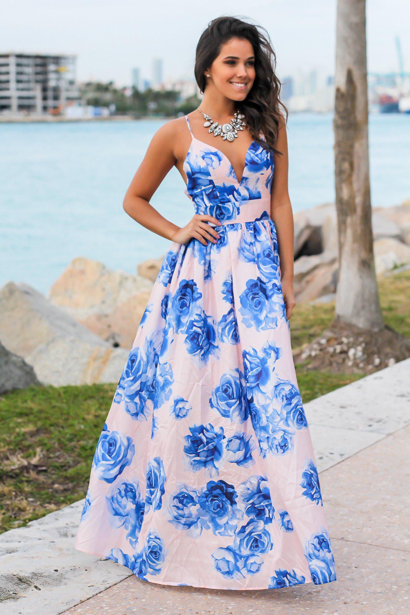 Formal Blush and Azure Floral Maxi Dress with Criss Cross Back Design