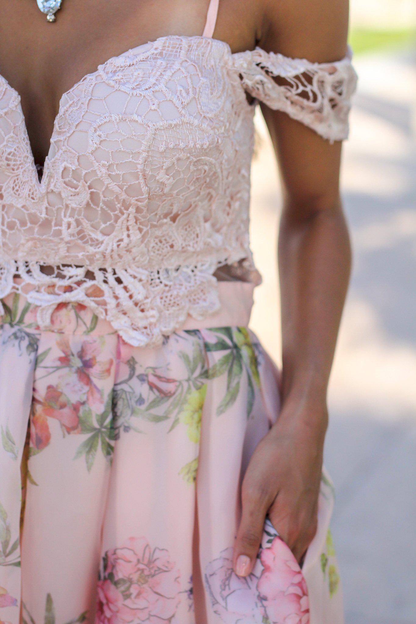 Elegant Blush-Colored Crochet Top Floral-Printed Women's Maxi Dress