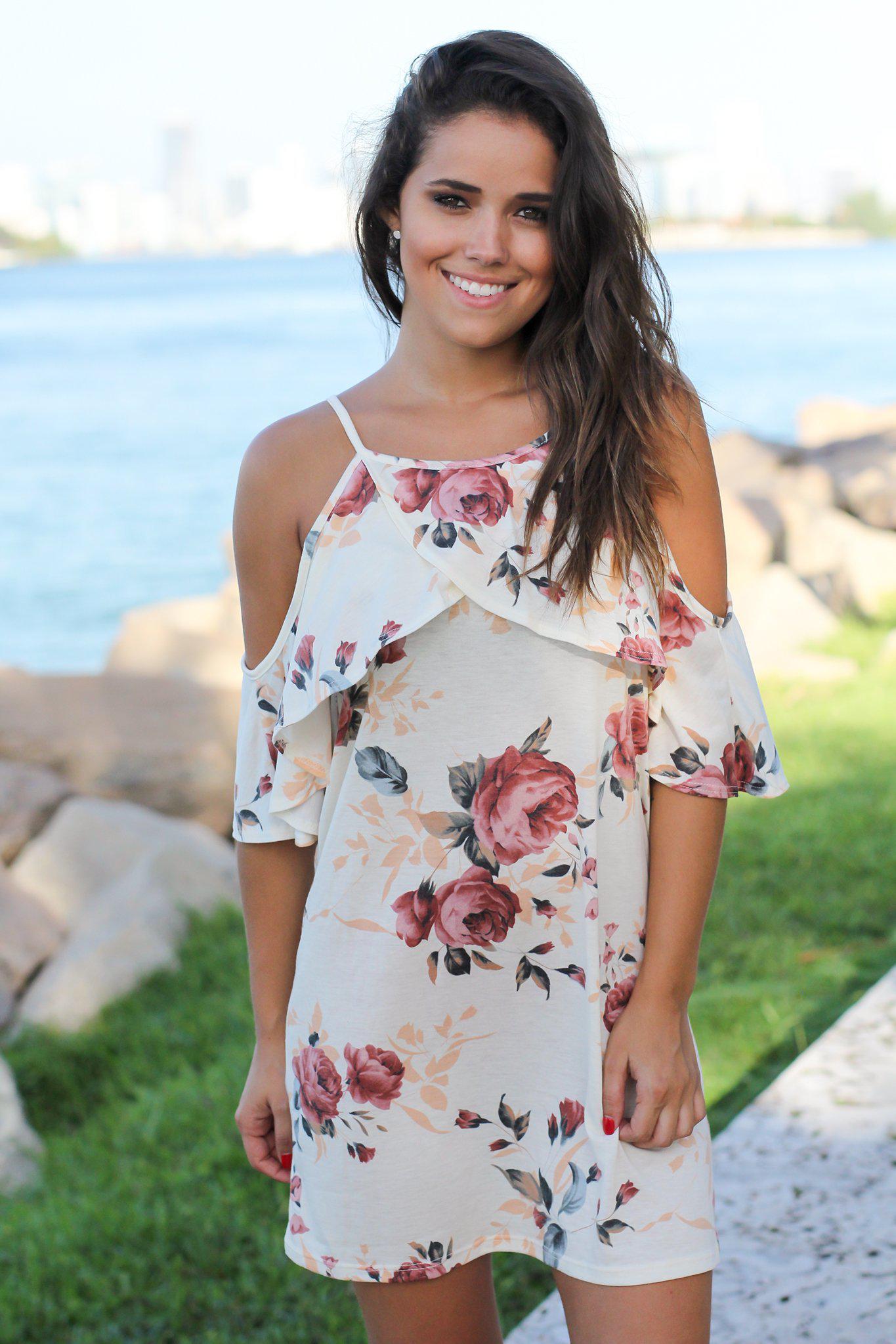 Charming Cream Floral Short Cold - Shoulder Women's Dress for Special Occasions