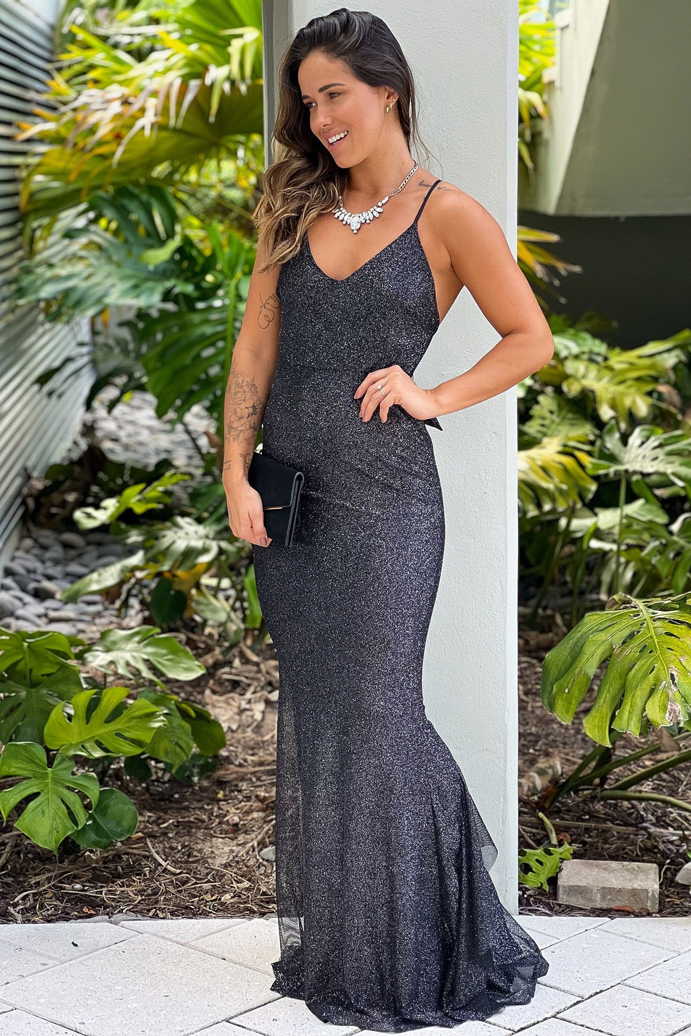 Gorgeous Black Glitter Maxi Dress with Stylish Bow and Ruffle Details