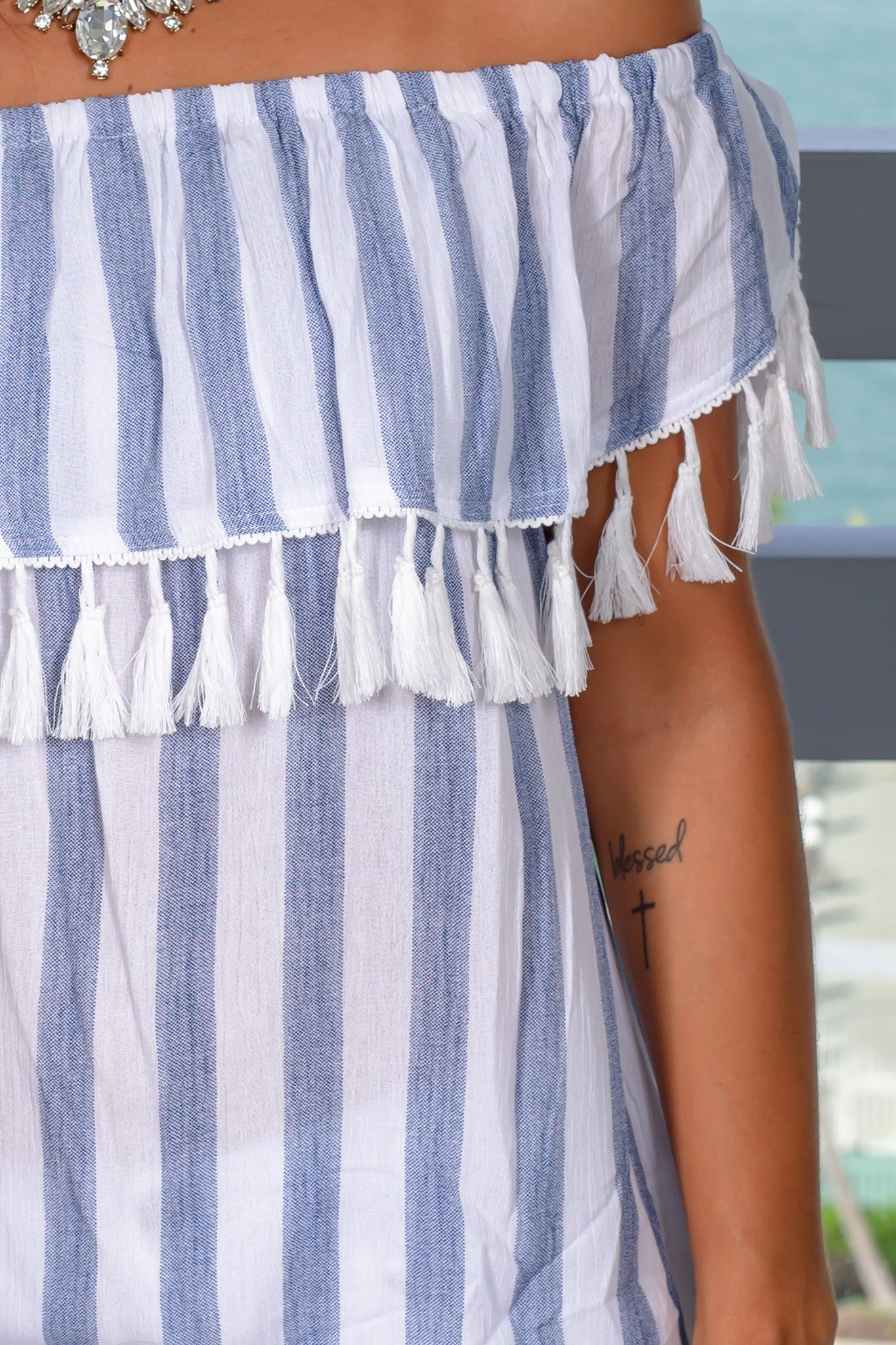 Stylish Blue and White Striped Off - Shoulder Women's Top with Adorable Ivory Tassels
