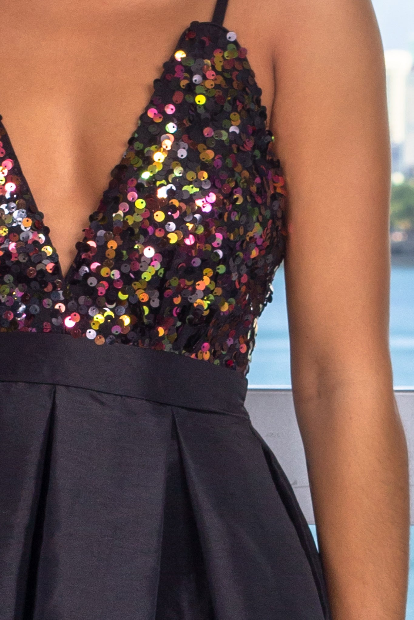 Gorgeous Black Sequin-Embellished Top High Low Style Women's Dress with Functional Pockets