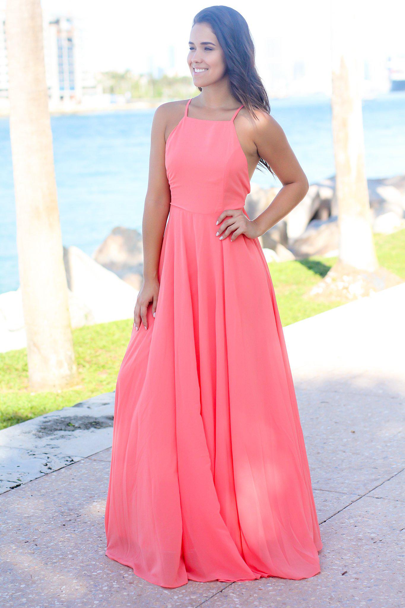 Stunning Coral Halter Maxi Dress with Criss Cross Back