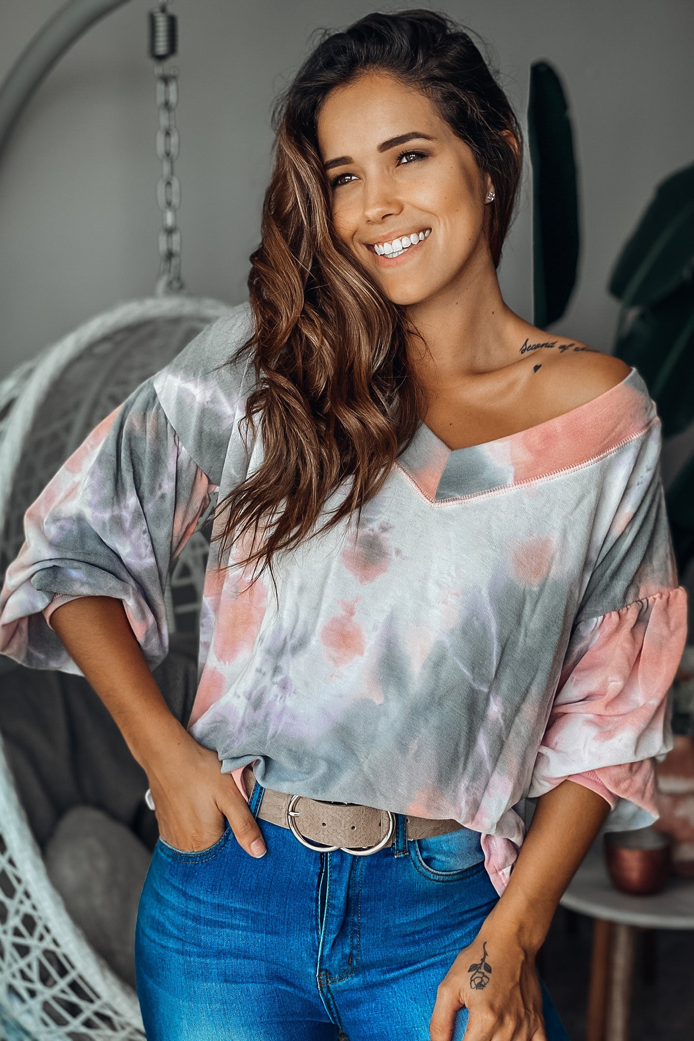 Stylish Blush, Gray, and White Tie - Dye Loose - Fit Sweater