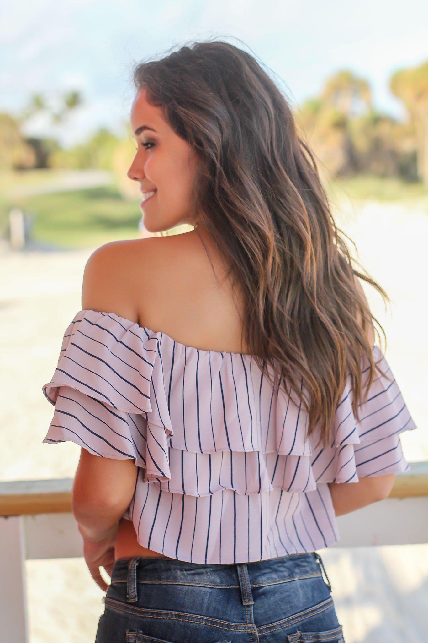 Stylish Mauve and Navy Striped Off - Shoulder Ruffled Crop Top