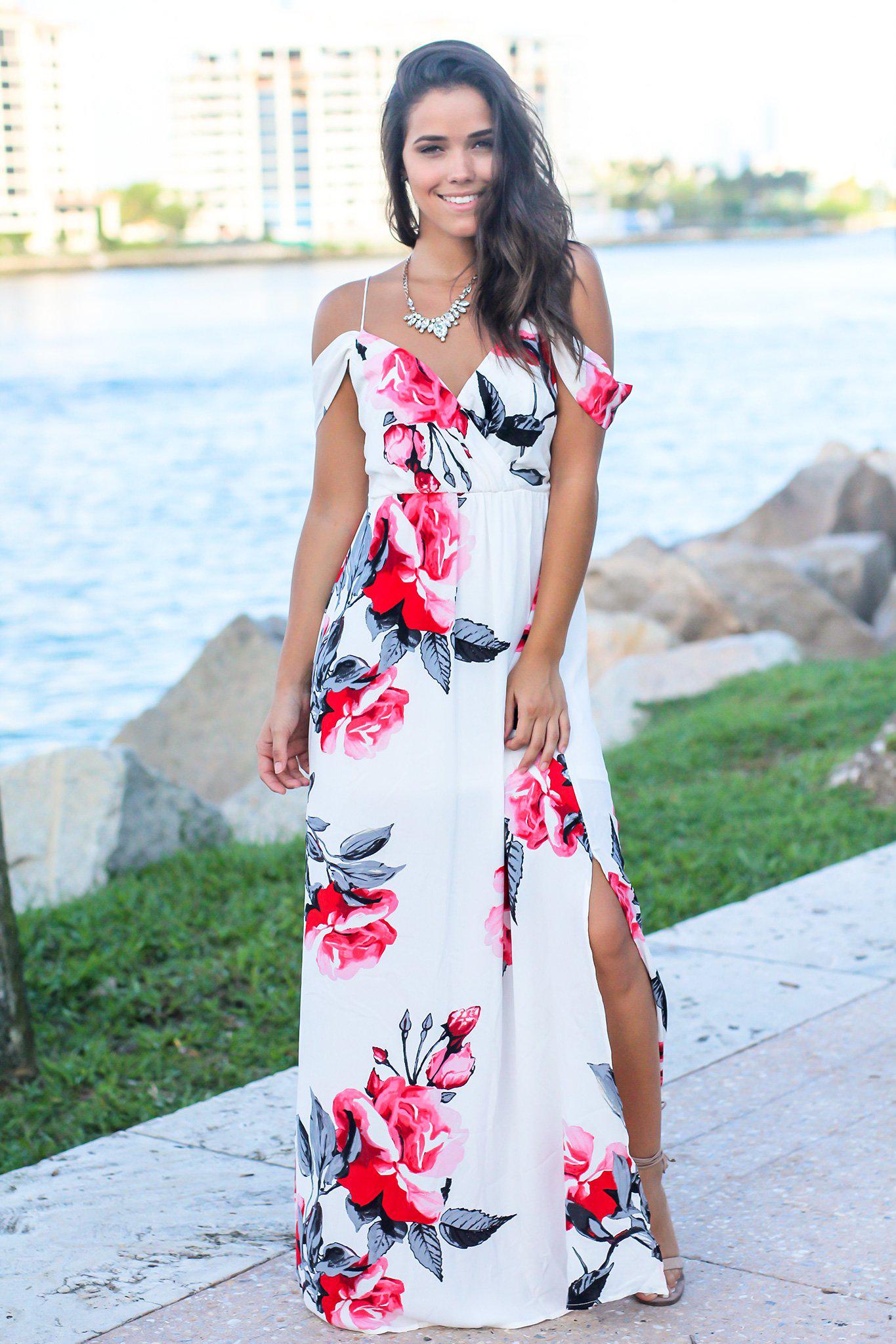 Stunning Ivory and Red Floral Cold - Shoulder Open - Back Maxi Dress