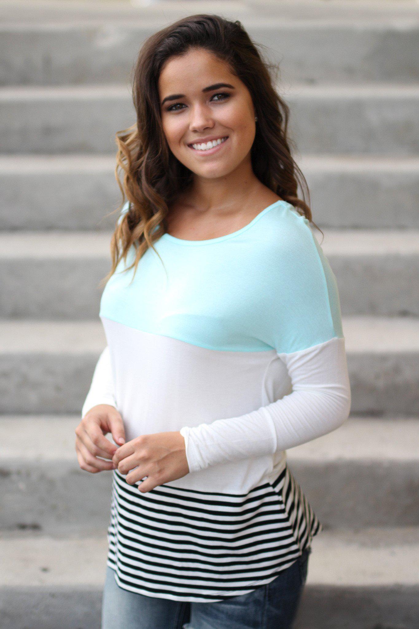 Fashionable Mint and Ivory Color Block Crochet Top for Cold Fall Days