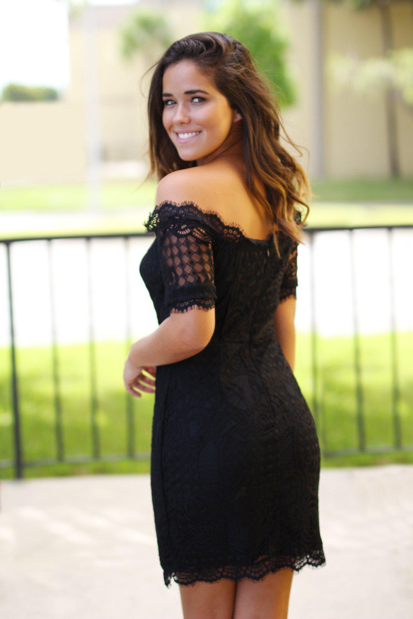 Stylish Black Off-Shoulder Short Lace Dress with Frayed Hem