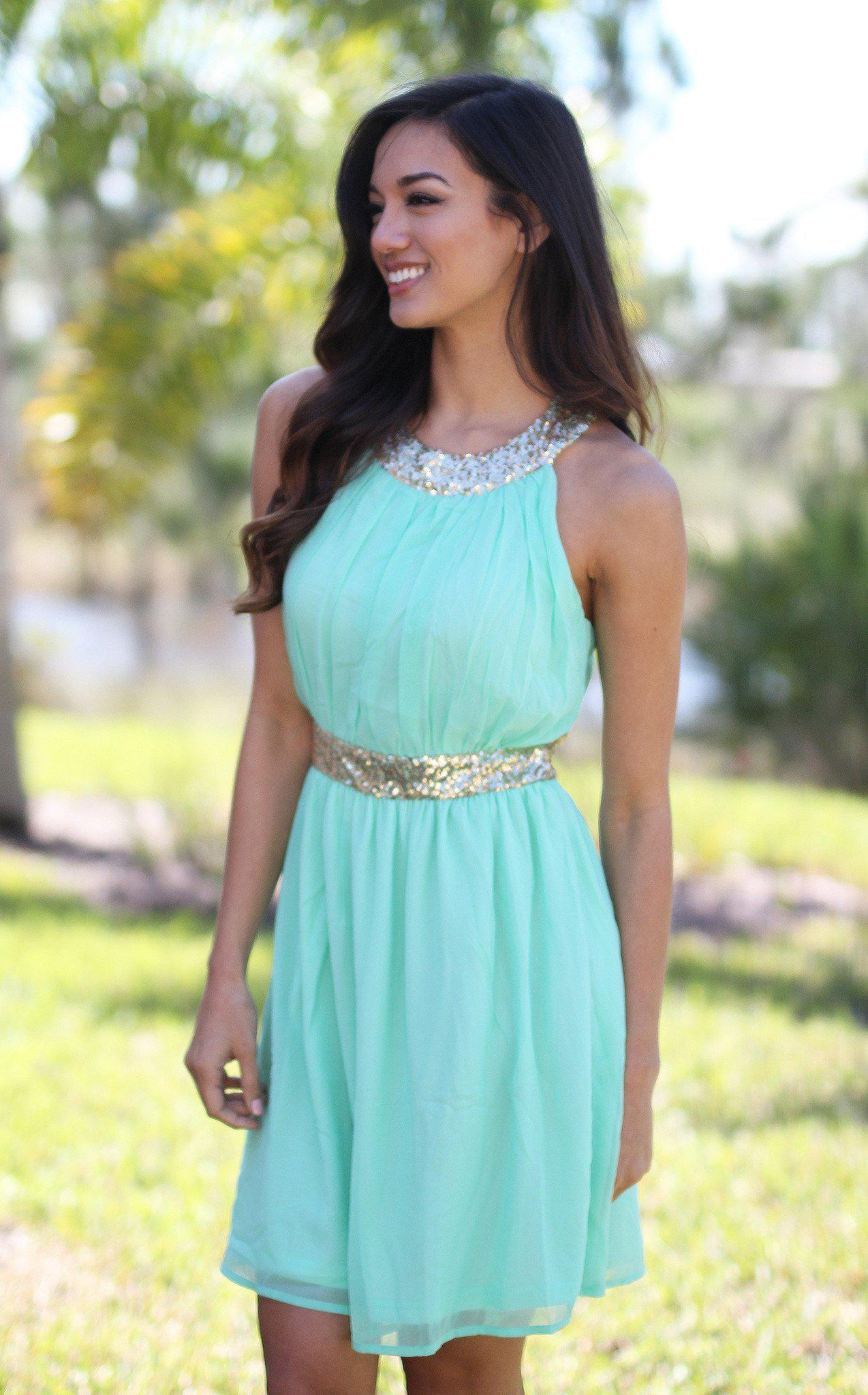 Stunning Mint and Shimmering Gold Sequin Evening Dress