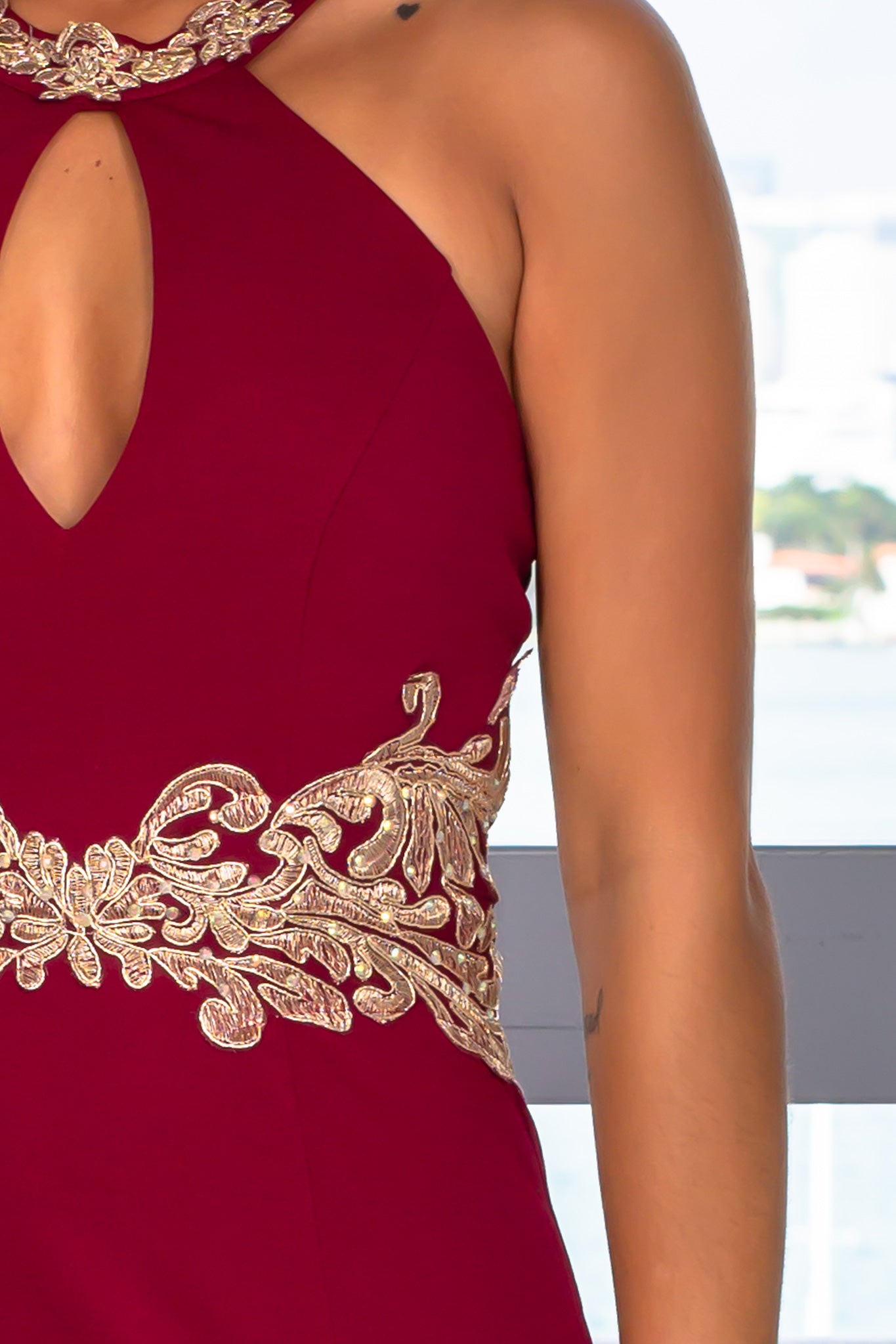 Stunning Cherry Red Halter Neck Sleeveless Maxi Dress with Side Slit