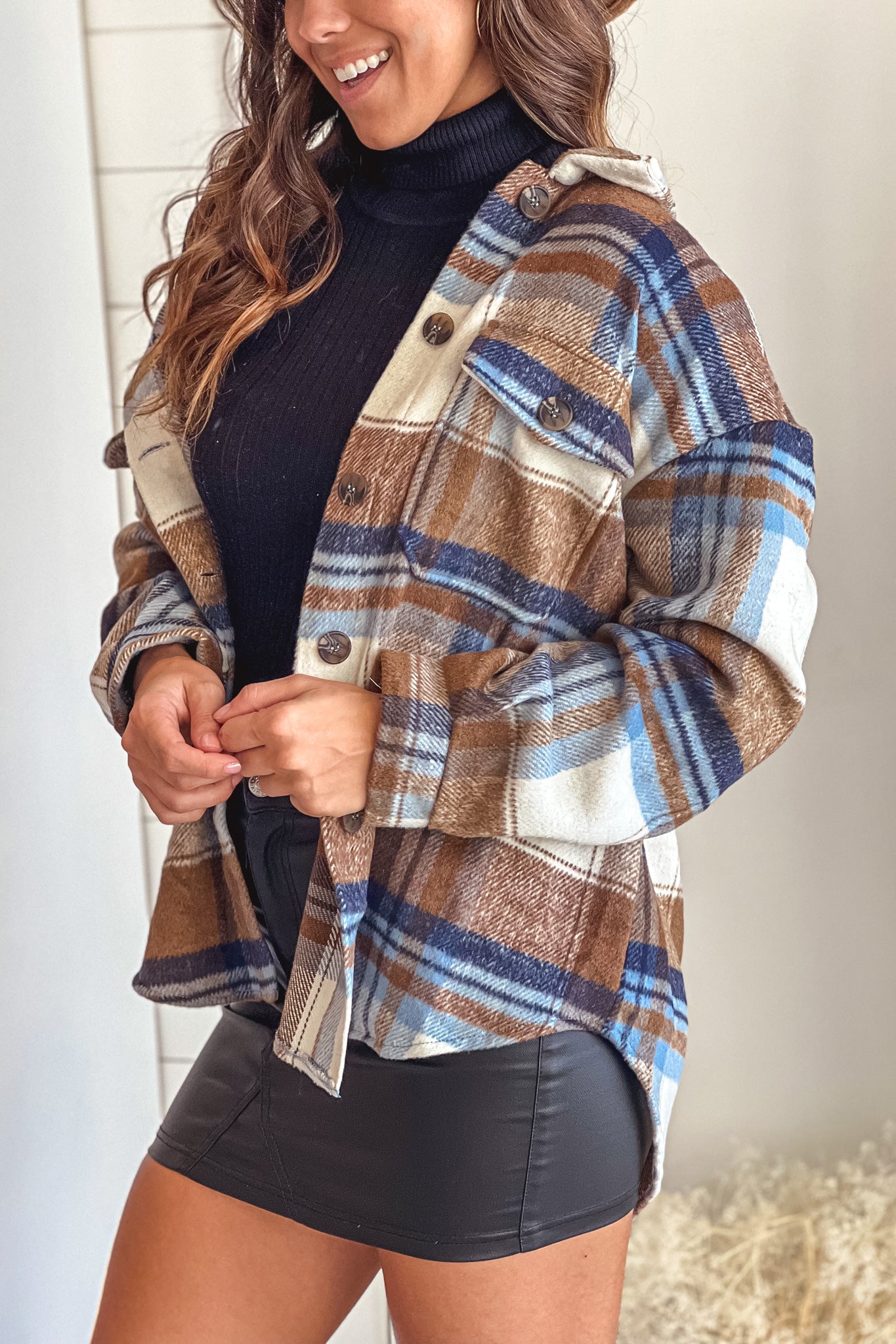 Stylish Blue Oversized Flannel Plaid Button - Up Jacket with Pockets