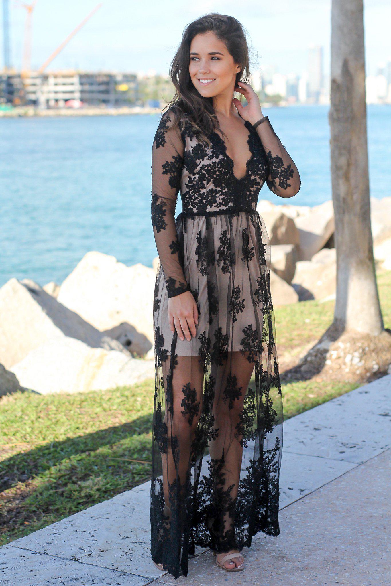 Stunning Long-Sleeved Black Embroidered Maxi Dress