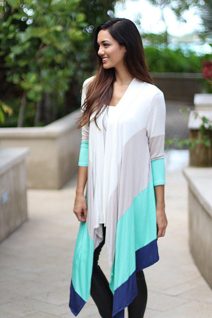 Stylish Mint Colored Blocked Long Women's Cardigan for Daily Wear