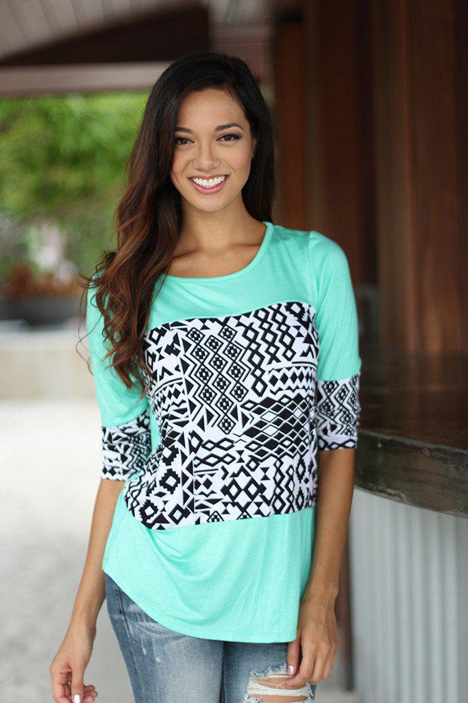Stunning Mint Aztec Print Top with Adorable Sleeve Details