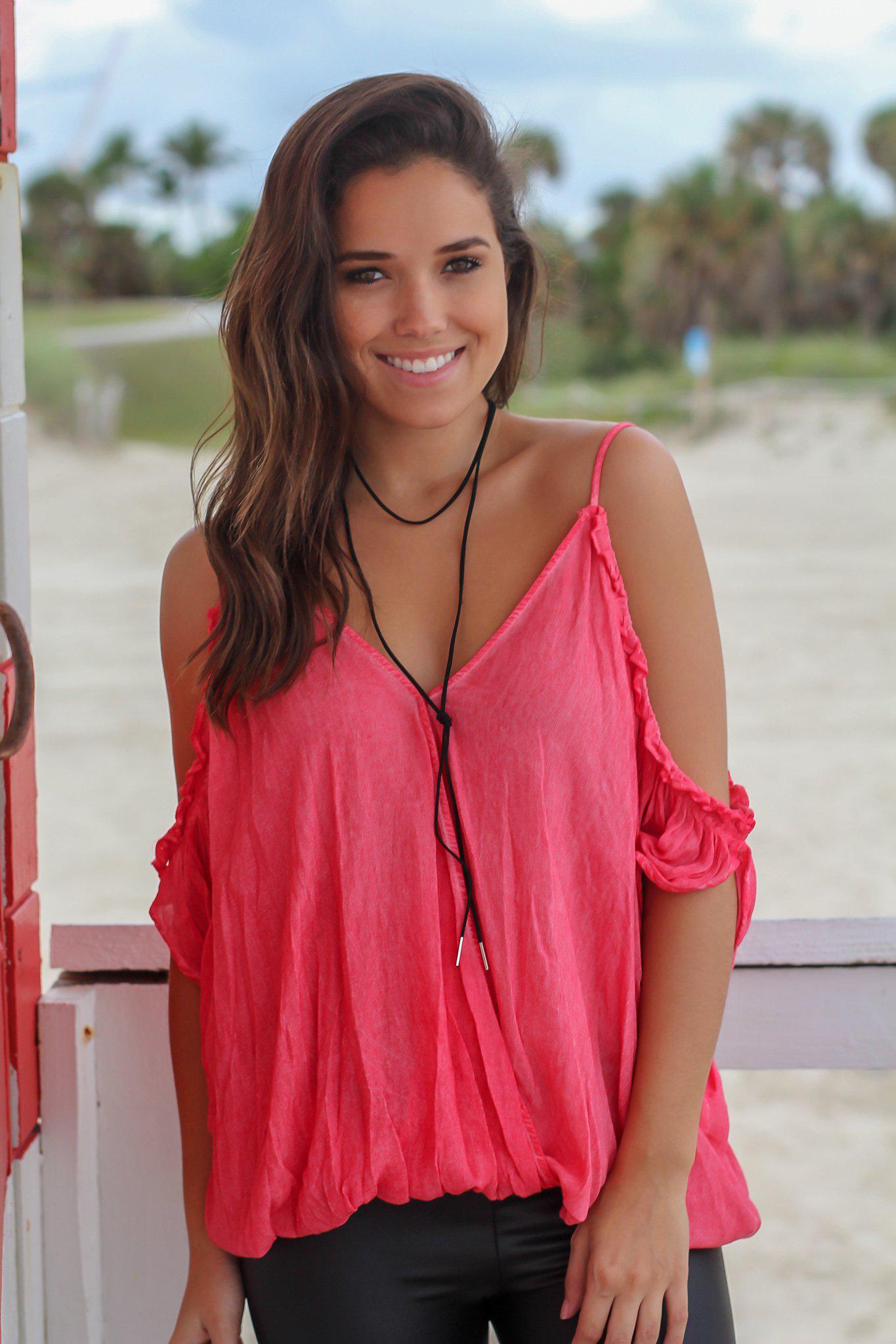 Stylish Coral Women's Cold Shoulder V-Neck Fashion Top