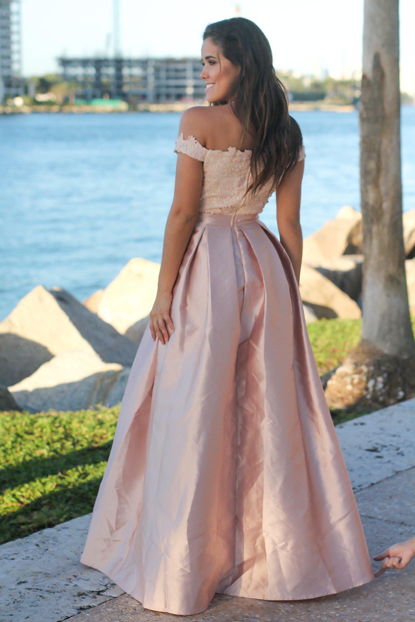 Elegant Blush and Cream Off-Shoulder Crochet Top Maxi Dress for Special Occasions