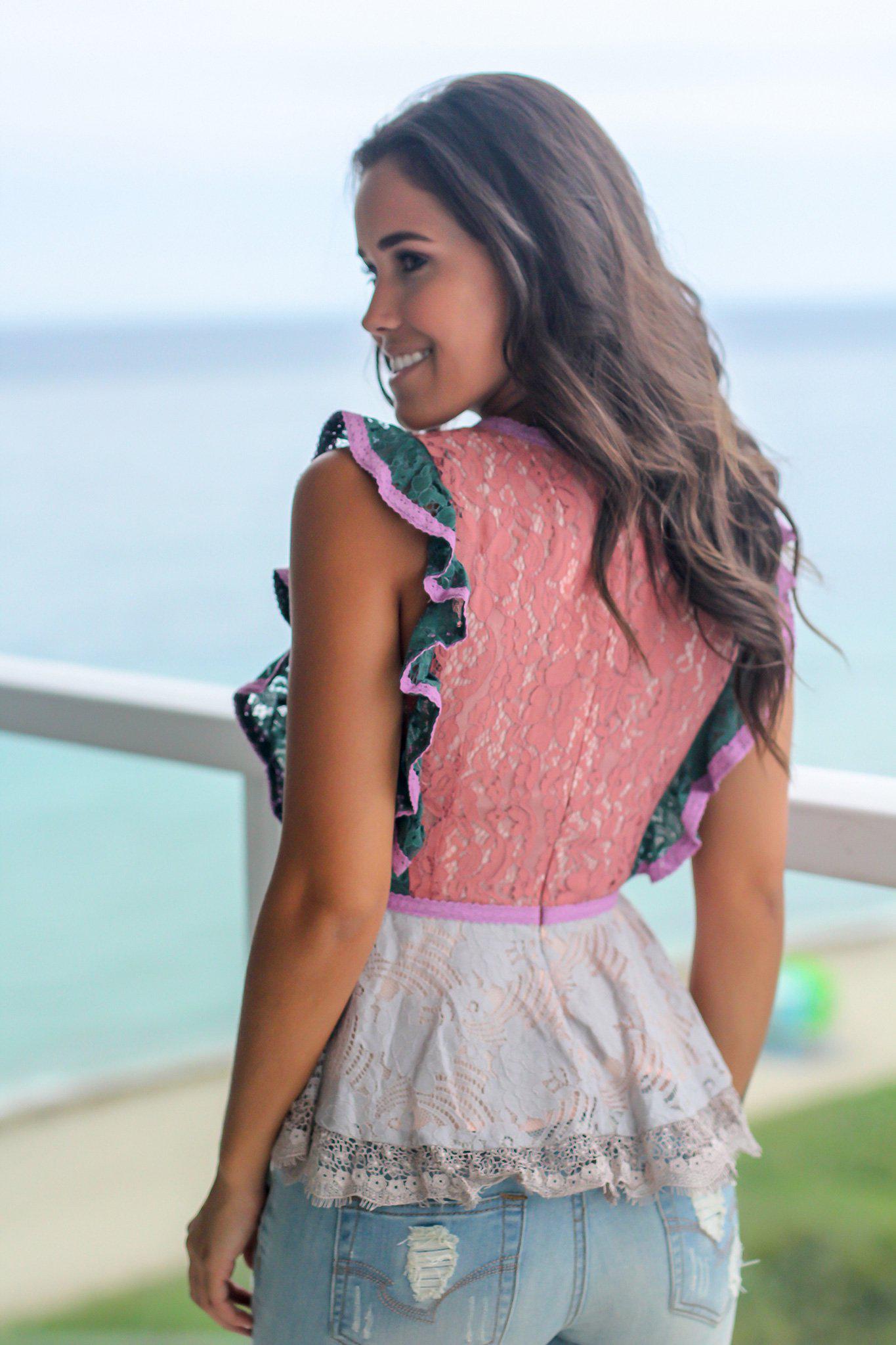 Adorable Blush-Colored Lace Women's Top with Charming Ruffle Detail