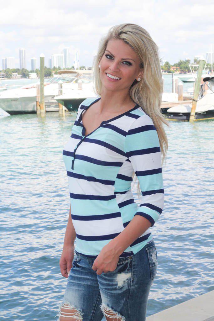Stylish Mint and Navy Horizontal Striped Women's Fashion Top