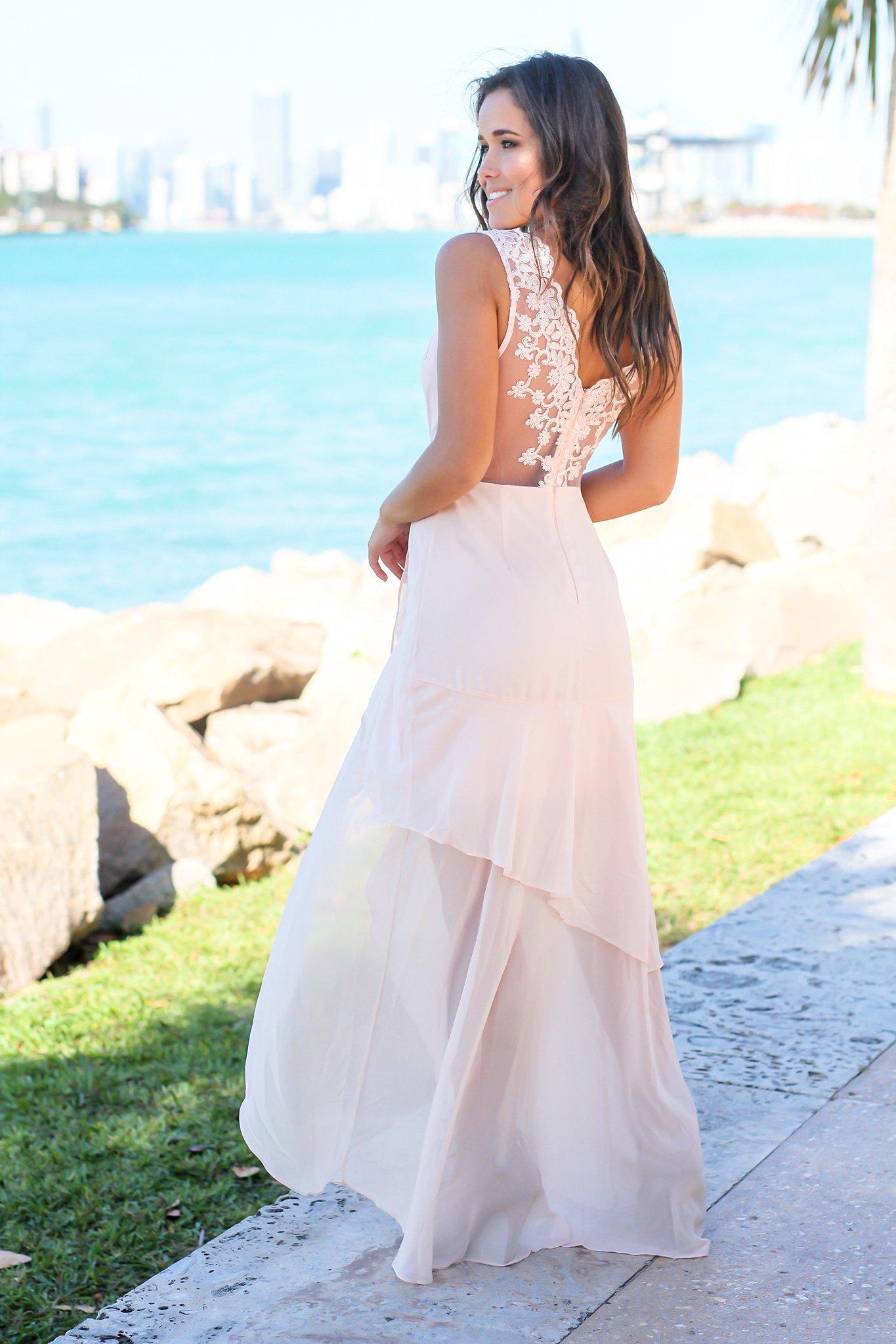 Stunning Blush-Colored Maxi Dress Featuring an Embroidered Upper Part