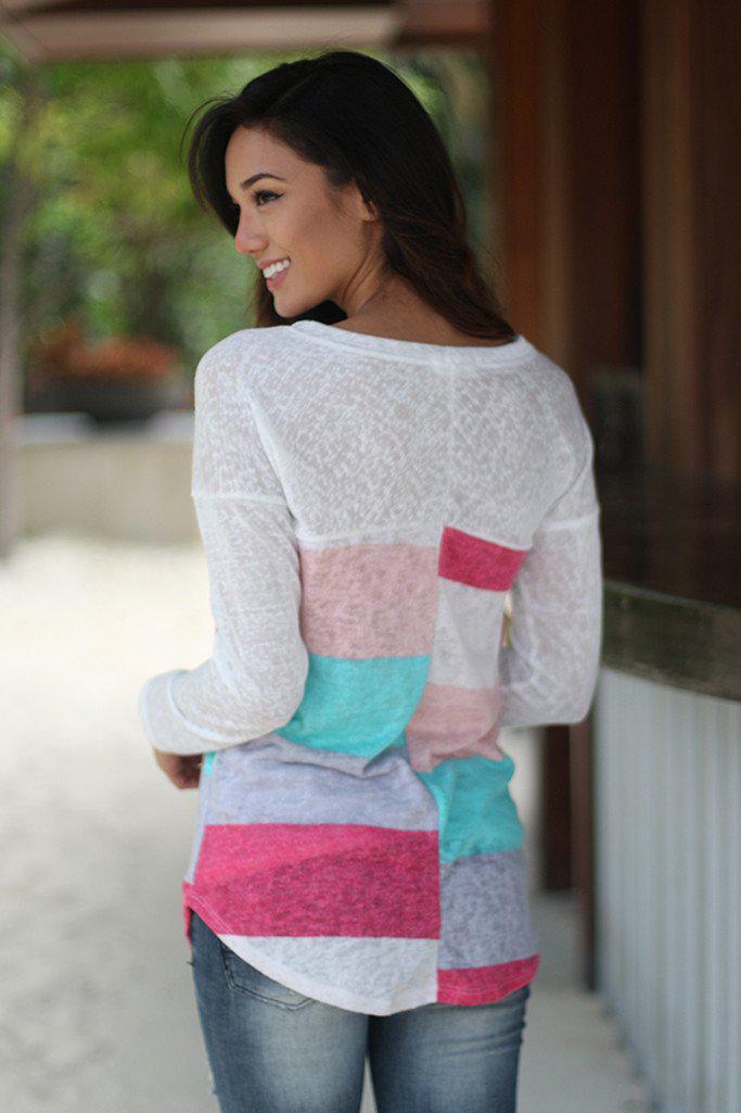 Adorable Coral, Mint & Lavender Long Sleeve Top with Crochet Pocket