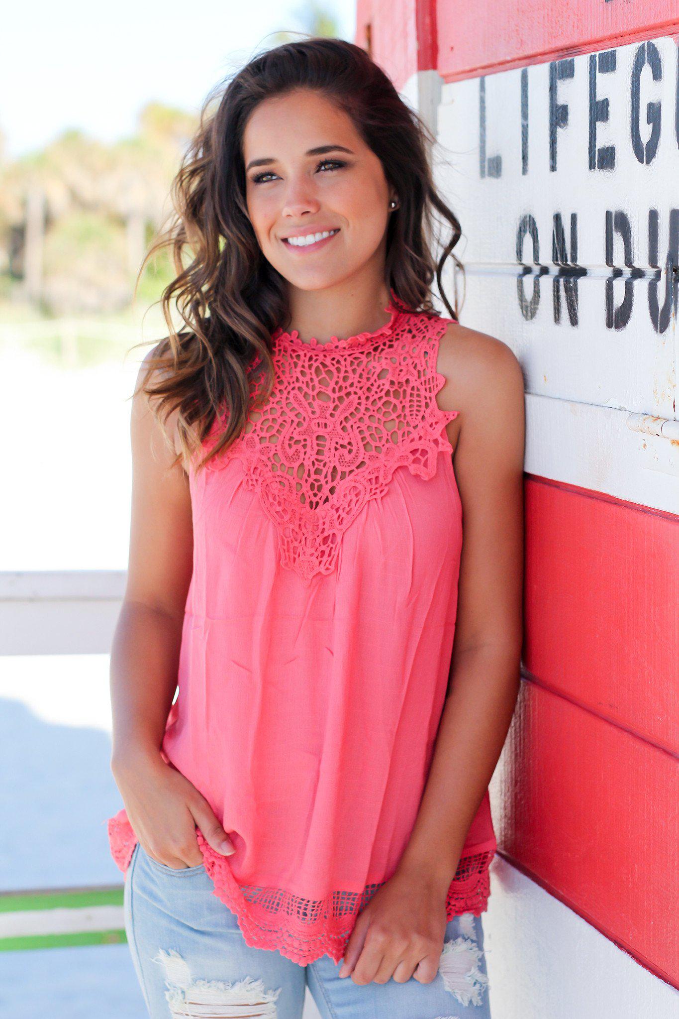 Stunning Coral Rayon Crochet Sleeveless Top with Neck Buttons
