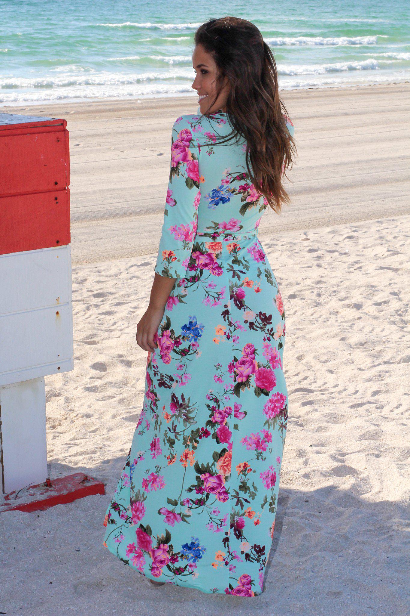 Stylish 3/4 Sleeve Mint Floral Wrap Maxi Dress for Women
