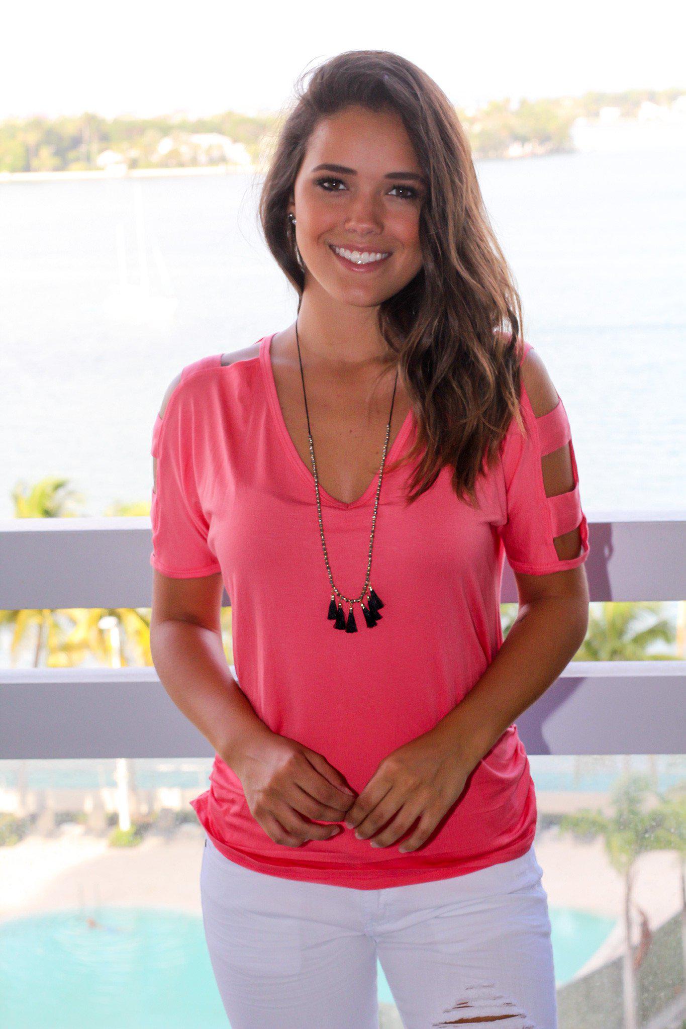 Flirty Coral Women's Fashion Top Featuring Strap Detail Sleeves