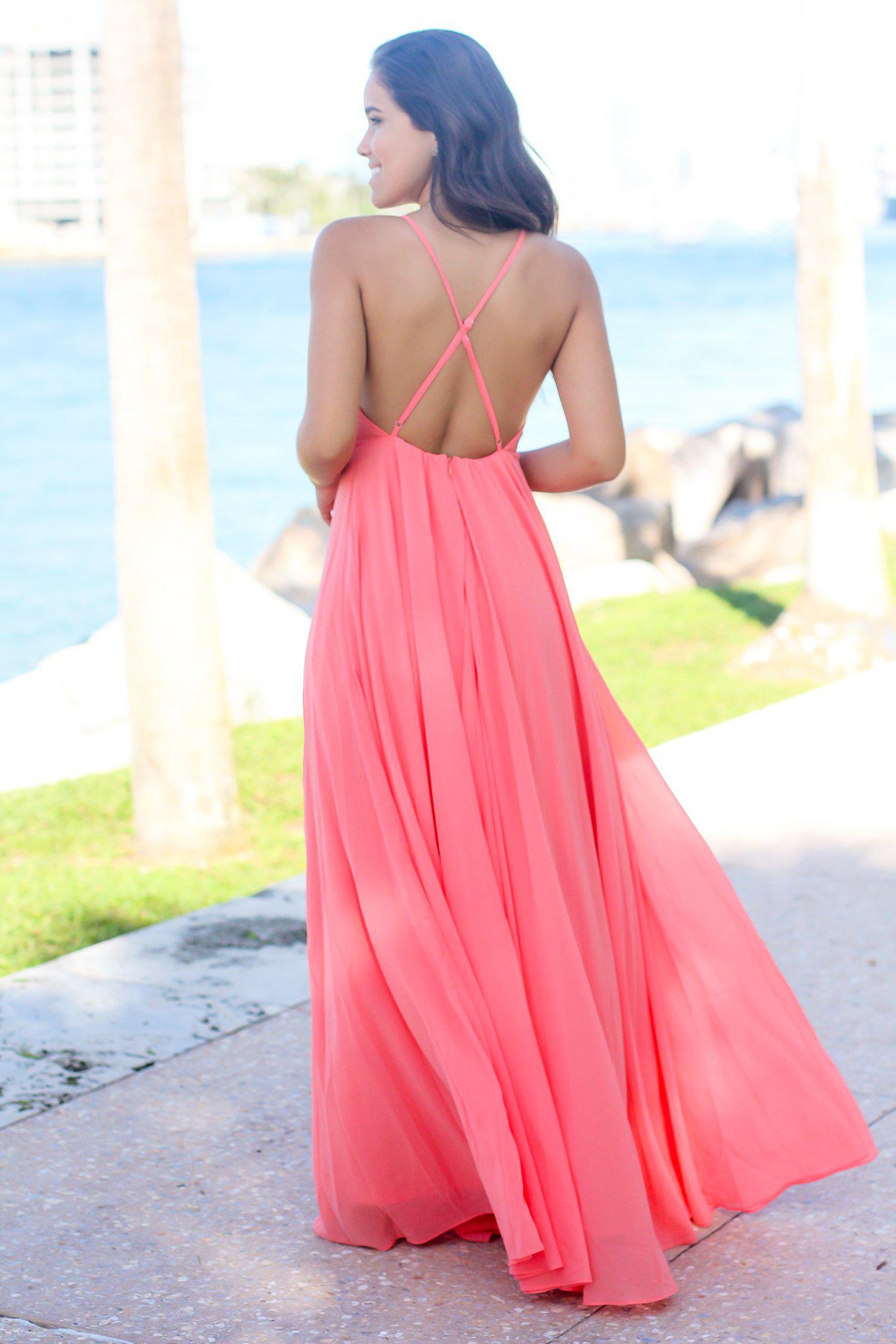 Stunning Coral Halter Maxi Dress with Criss Cross Back