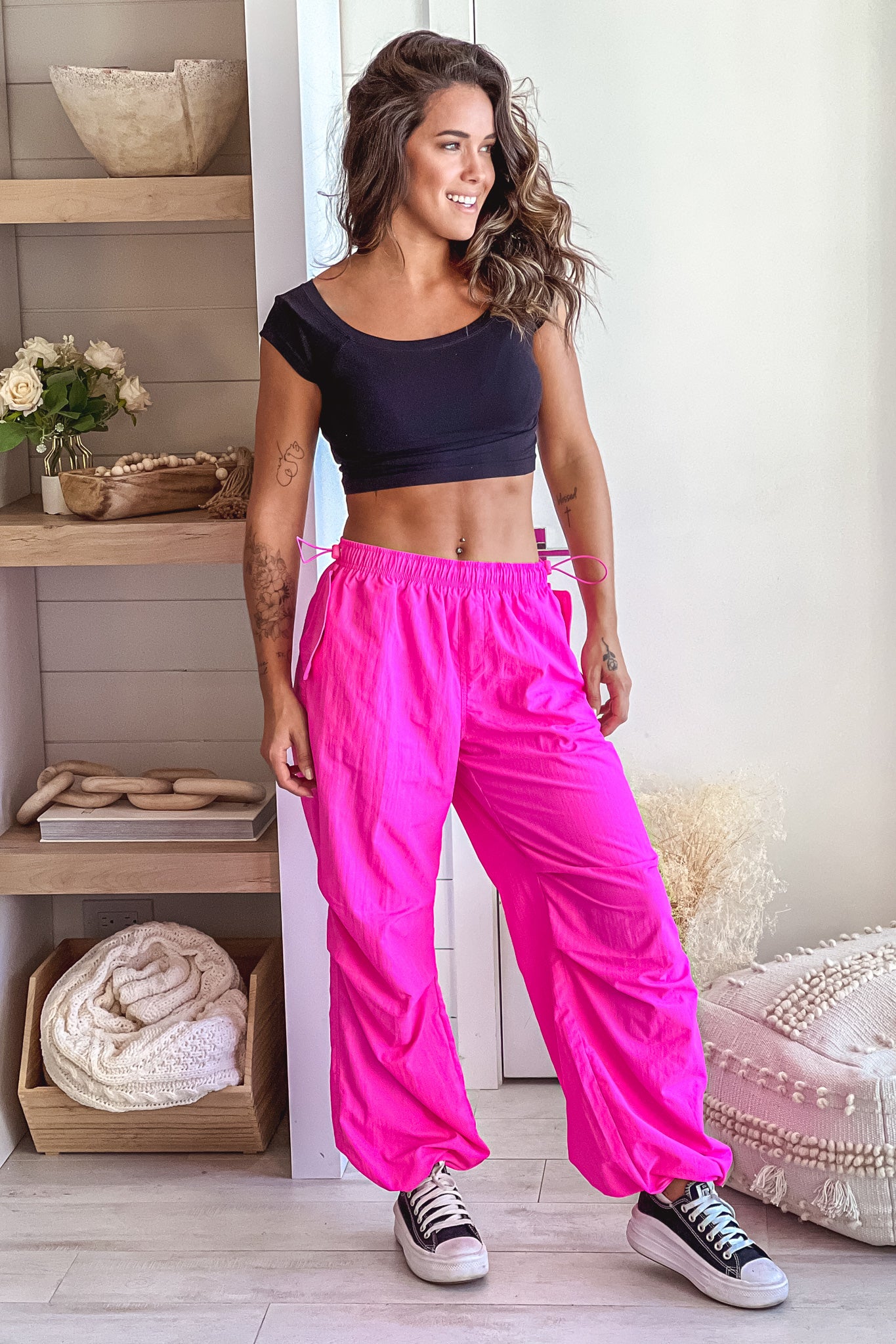 Stylish Hot Pink Adjustable Hem Relaxed Fit Pants