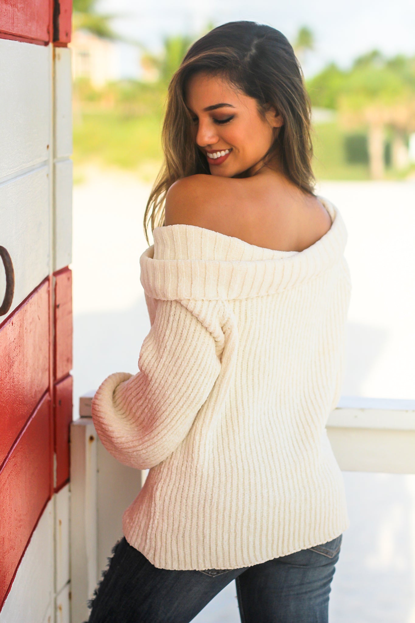 Soft Cream Knit Off - Shoulder Long - Sleeve Sweater for Fall and Winter