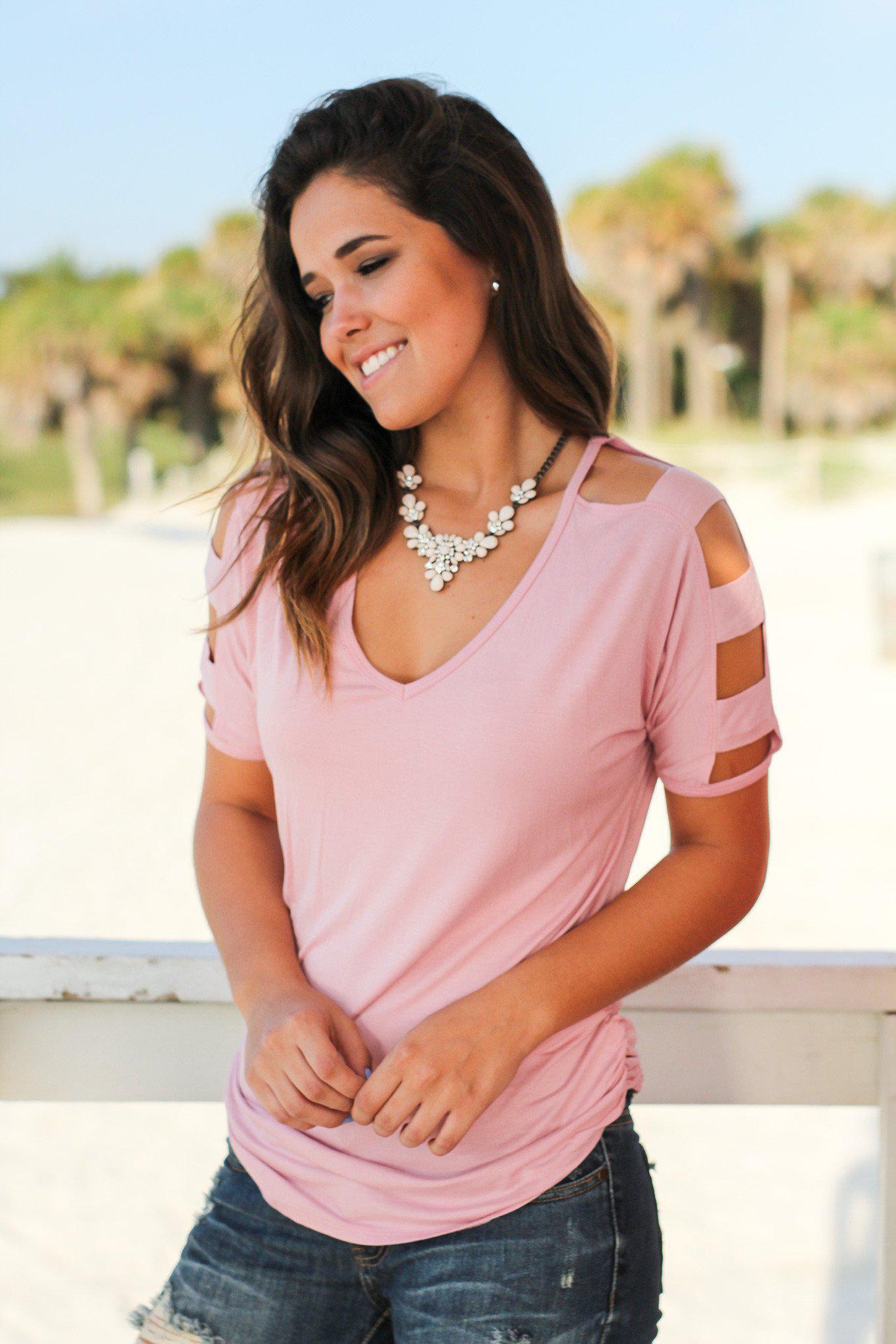 Stylish Women's Mauve-colored Top Featuring Strap-adorned Sleeves