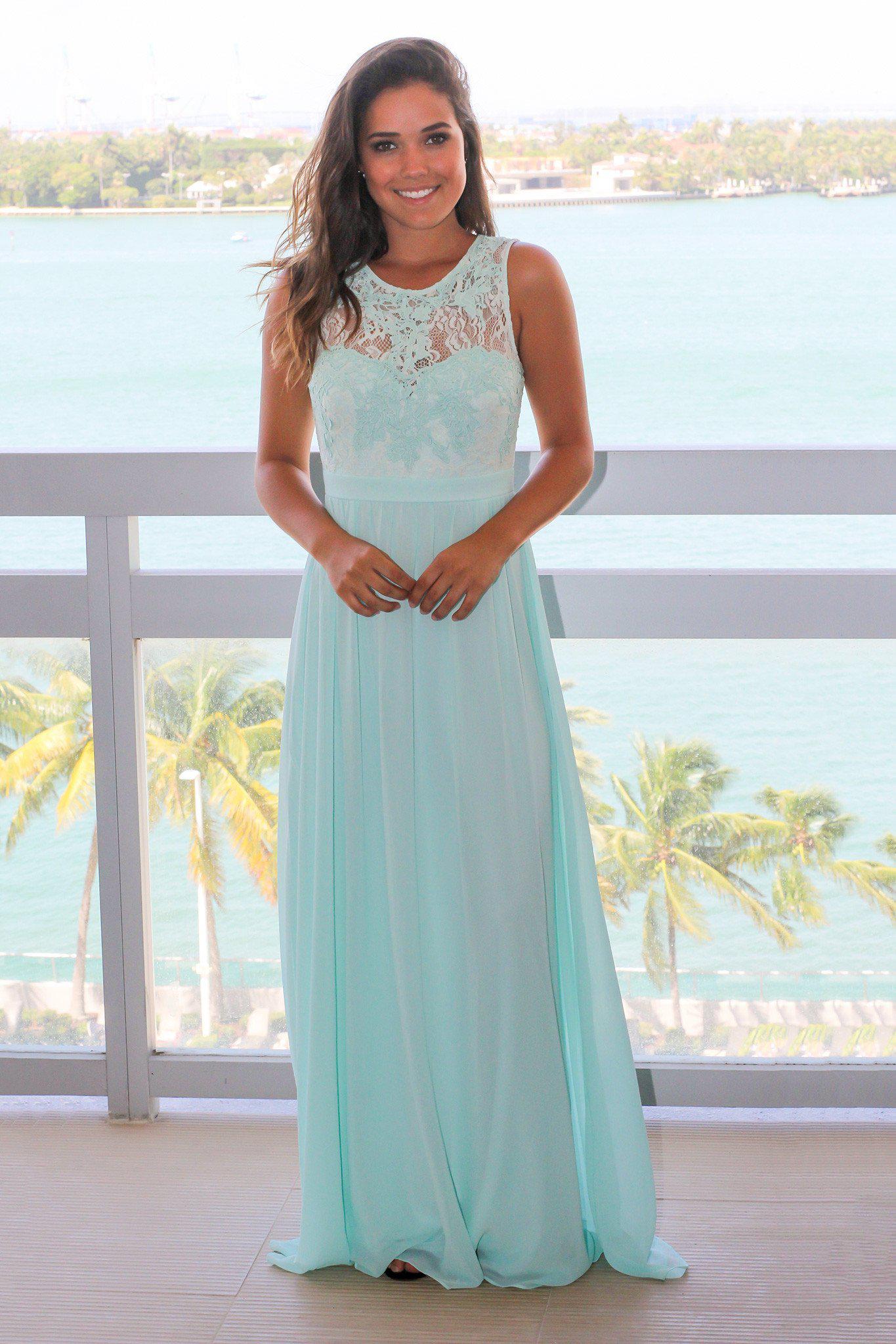 Exquisite Mint Green Chiffon Maxi Bridesmaid Dress with Delicate Lace Top