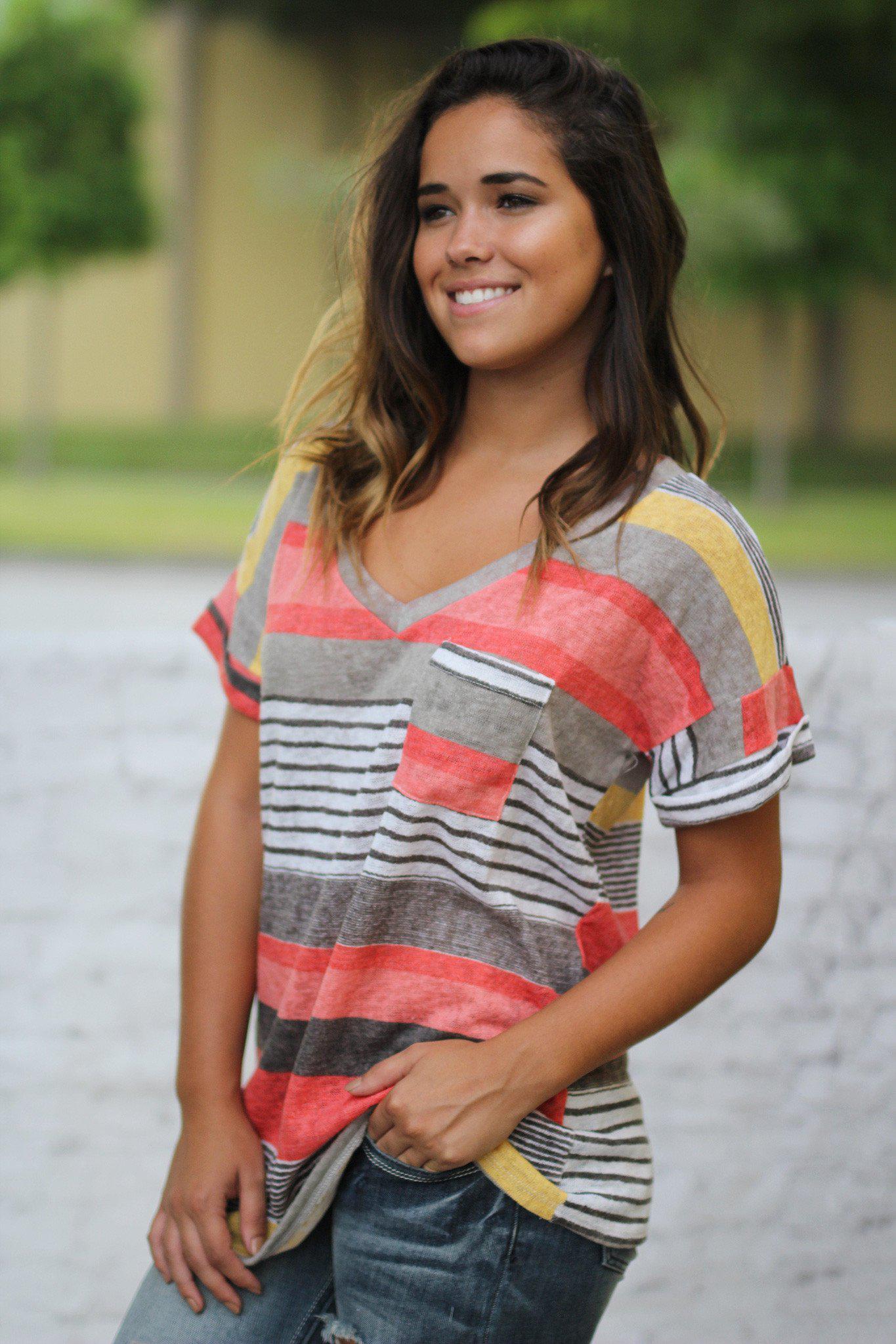 Stylish Women's Coral And Yellow Short Sleeve V-Neck Top With A Charming Front Pocket